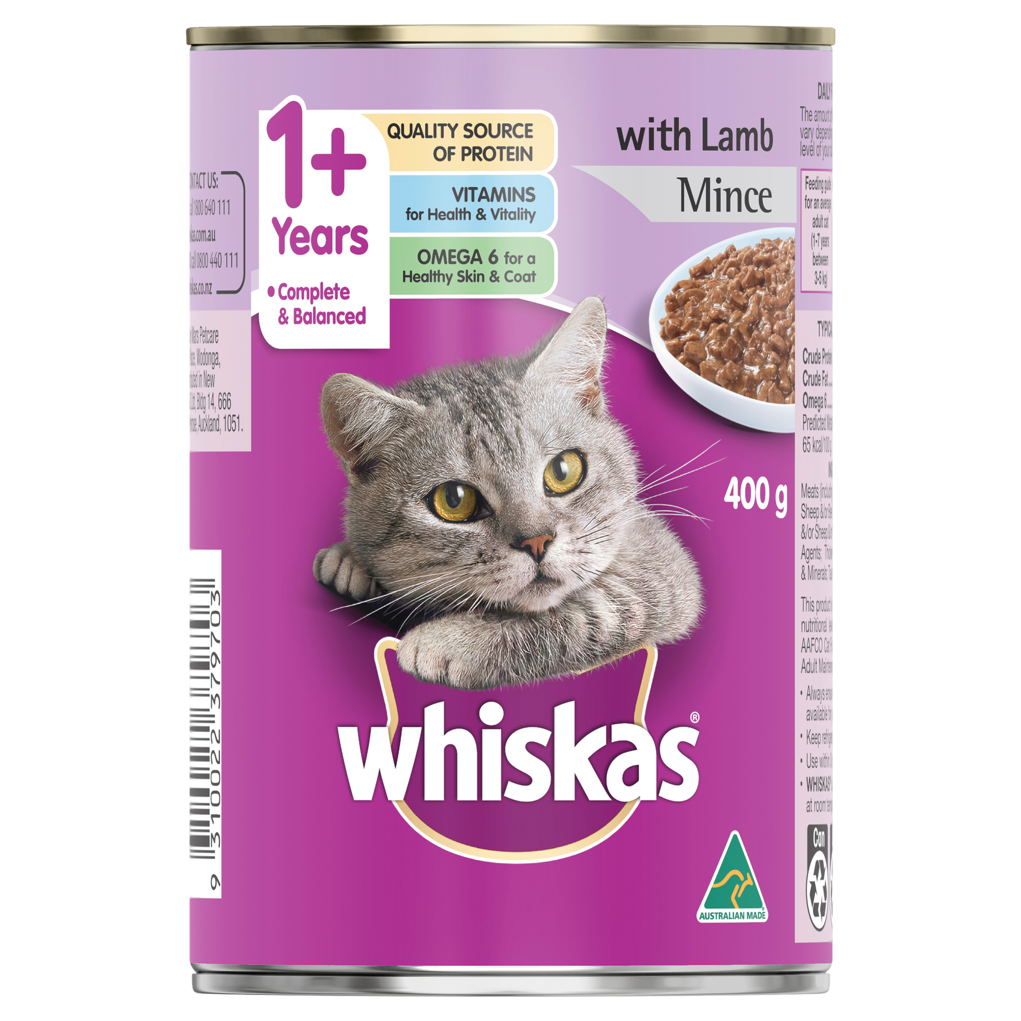 Whiskas Oh So Meaty Cat Adult 1+yrs Mince Lamb Turkey & Vegetables 400g x 24