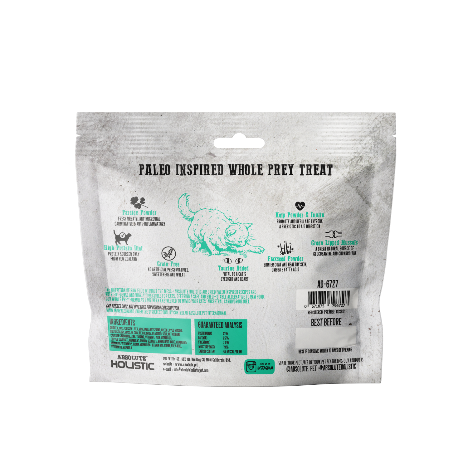 Absolute Holistic Air Dried Cat Treats Grand Prairie Chicken & Hoki 50g