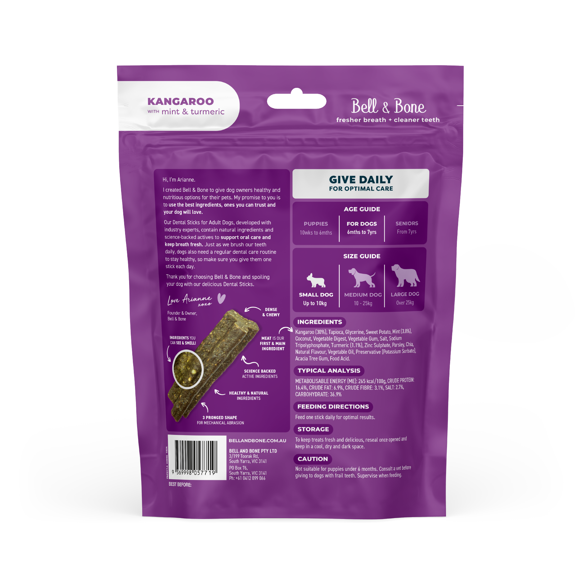 Bell & Bone Dog Dental Sticks Kangaroo Mint and Turmeric