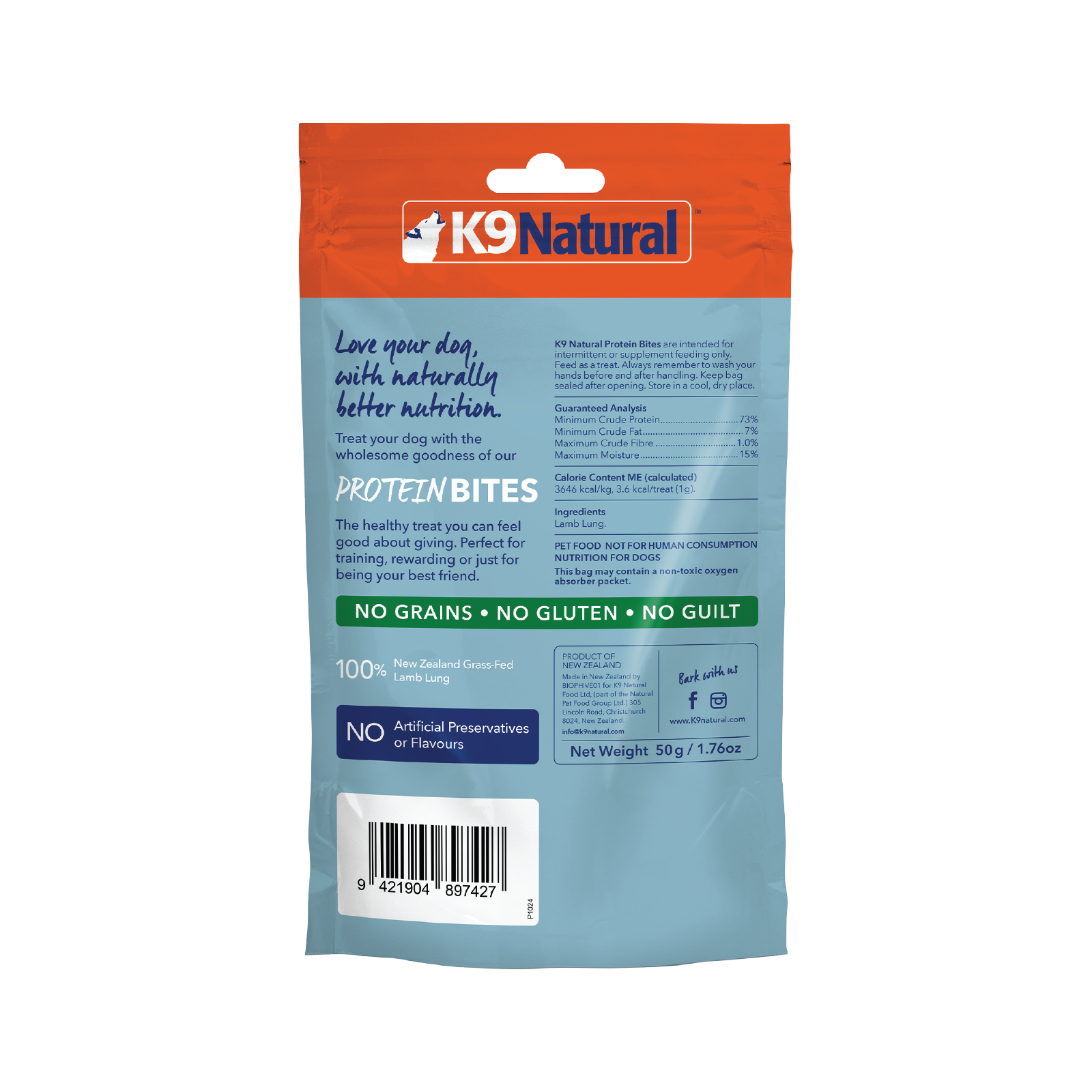 K9 Natural Grain Free Air Dried Dog Treat Protein Bites Lamb Lung 50g