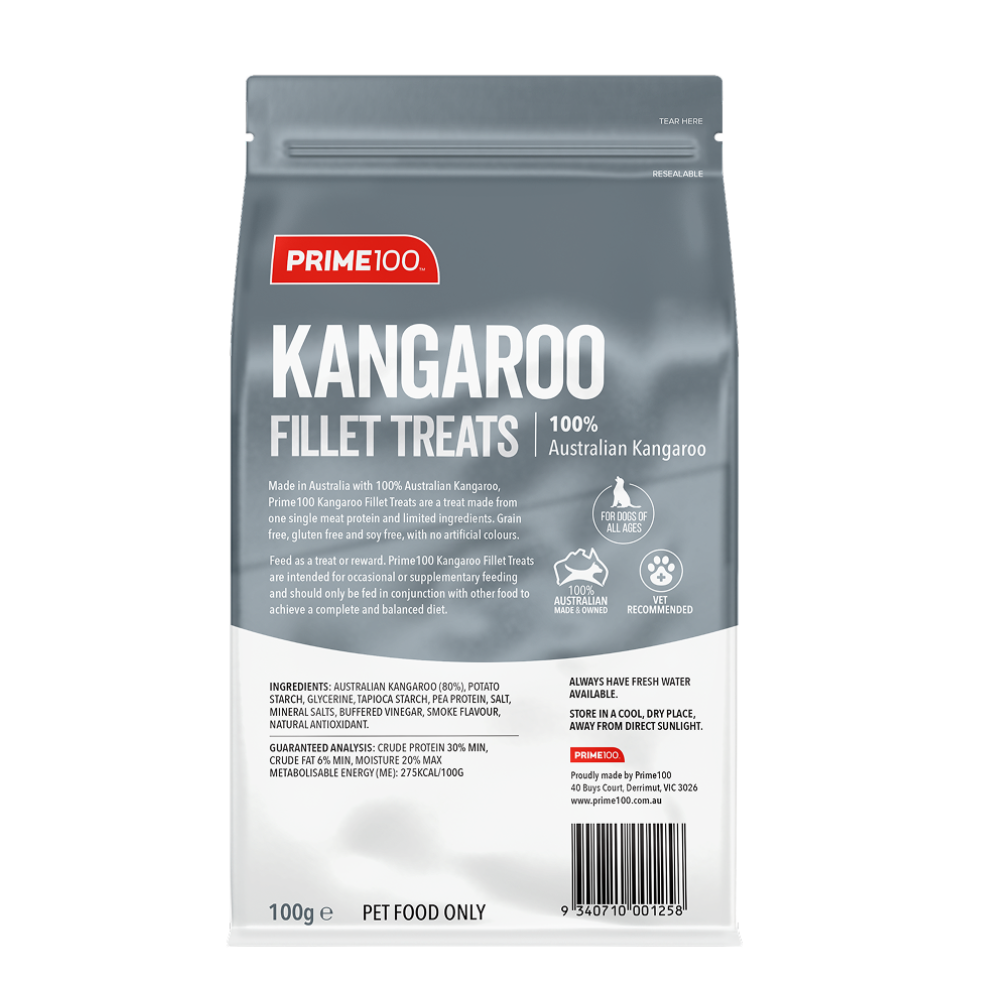 Prime100 Dog Treat Kangaroo Fillets 100g
