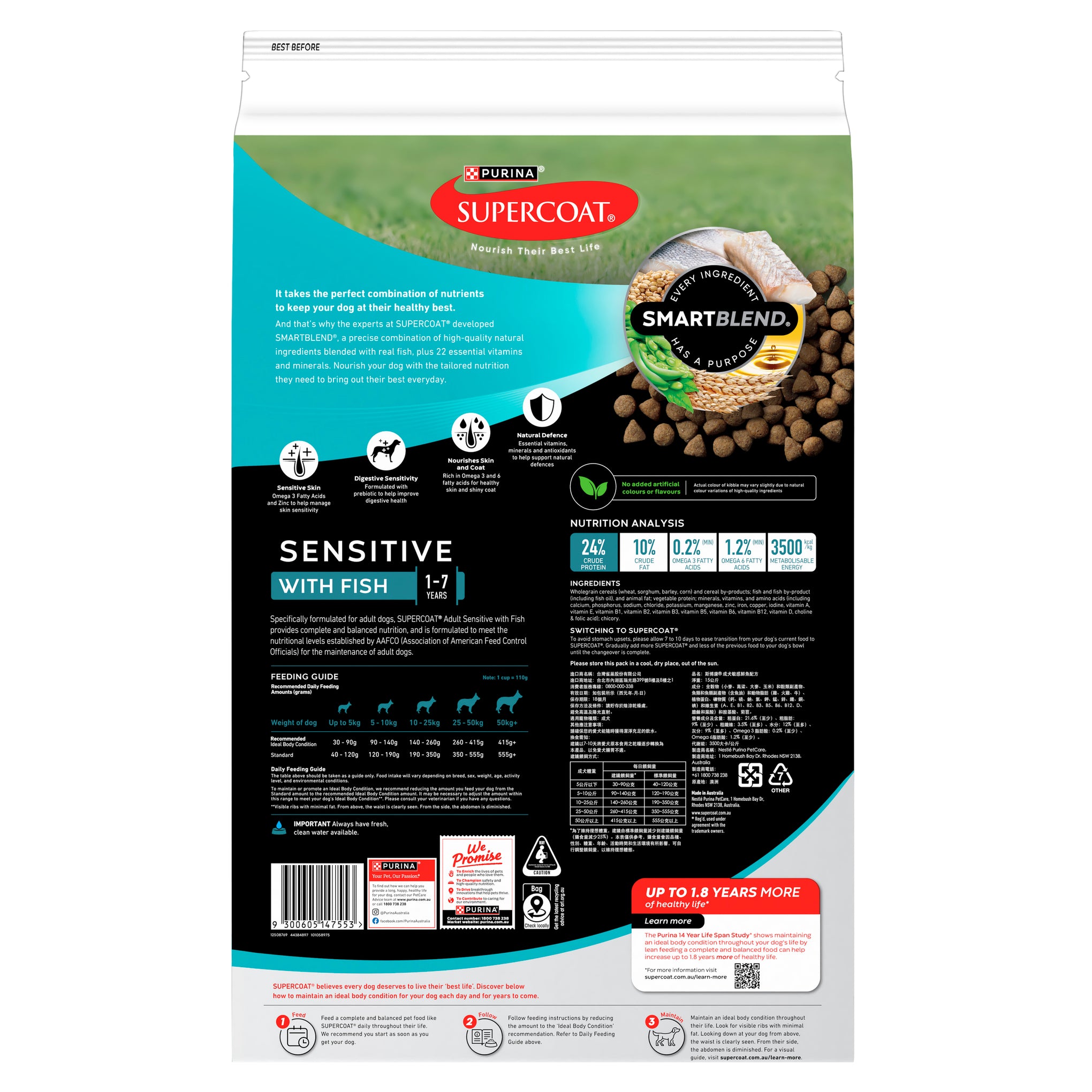 Supercoat Fish Sensitive Skin and Stomach Adult Dry Dog Food 15kg