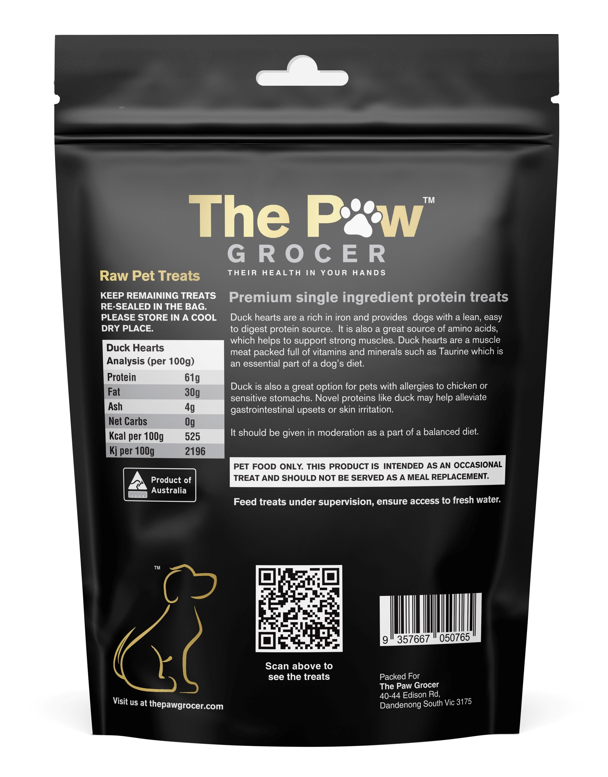 The Paw Grocer Black Label Dog and Cat Treat Duck Heart 72g