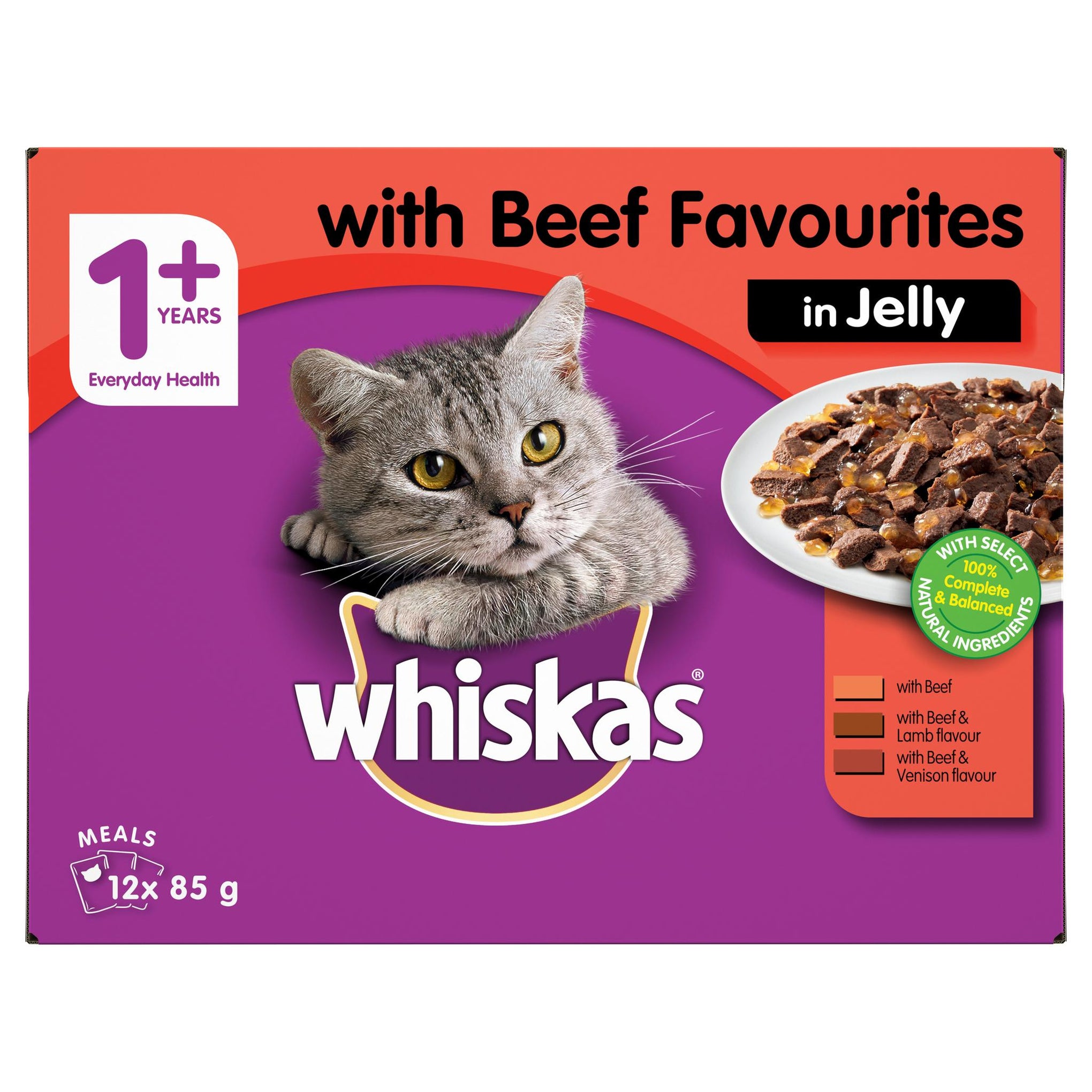 Whiskas Favourites Cat Adult 1+yrs Beef Chunks In Jelly 85g x 12