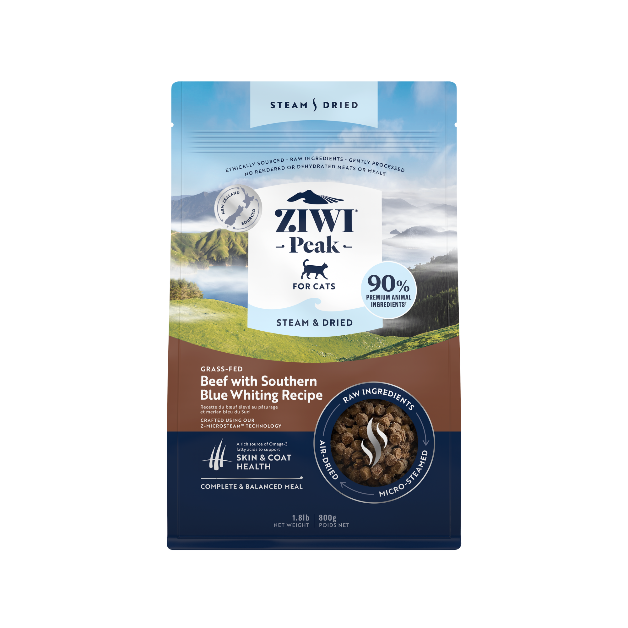 Ziwi Peak Steam & Dried Grass Fed Beef With Southern Blue Whiting Dry Cat Food