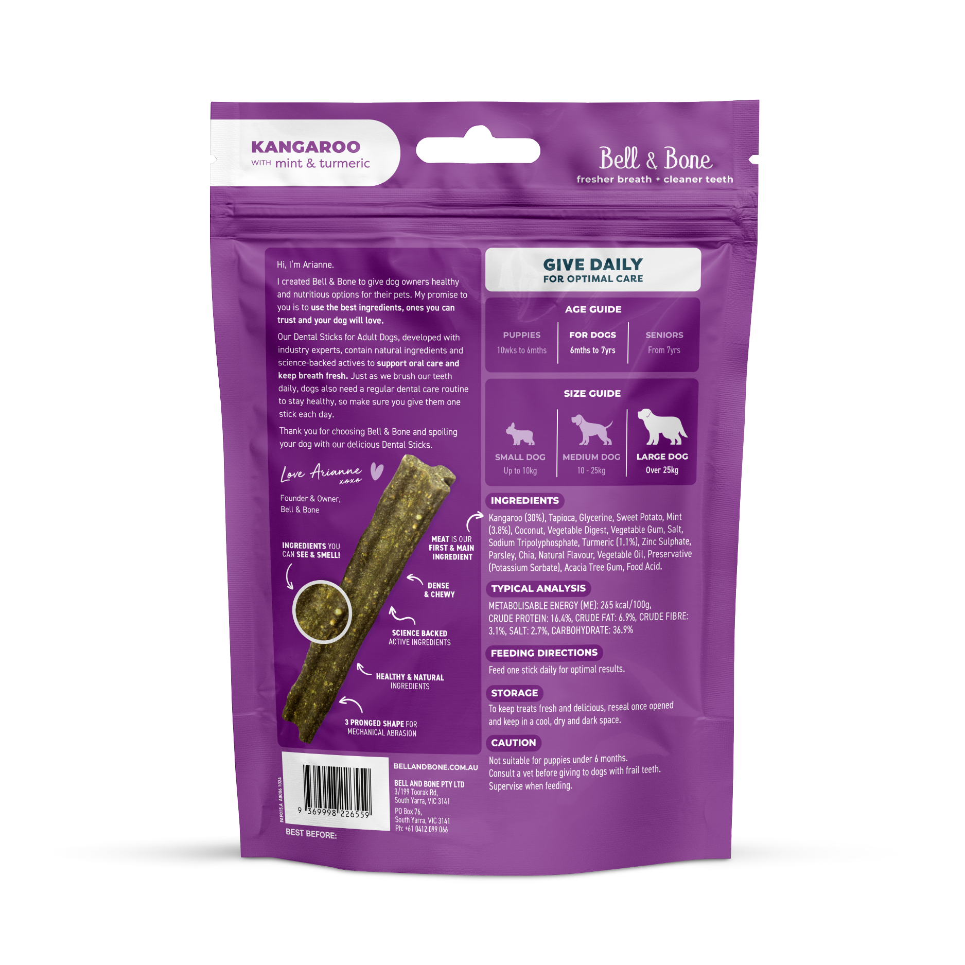 Bell & Bone Dog Dental Sticks Kangaroo Mint and Turmeric