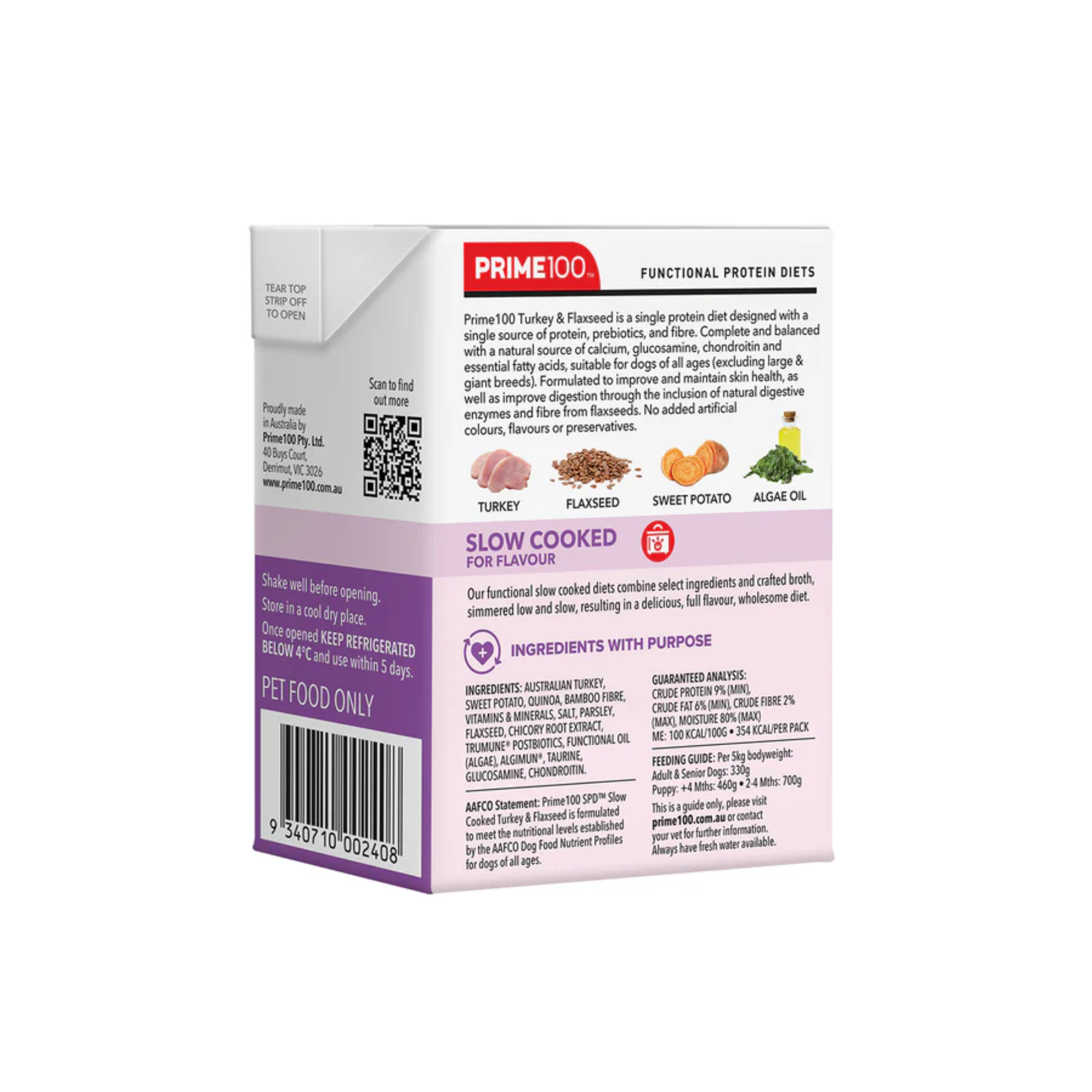 Prime100 SPD Dog Wet Food Slow Cooked Turkey & Flaxseed 354g