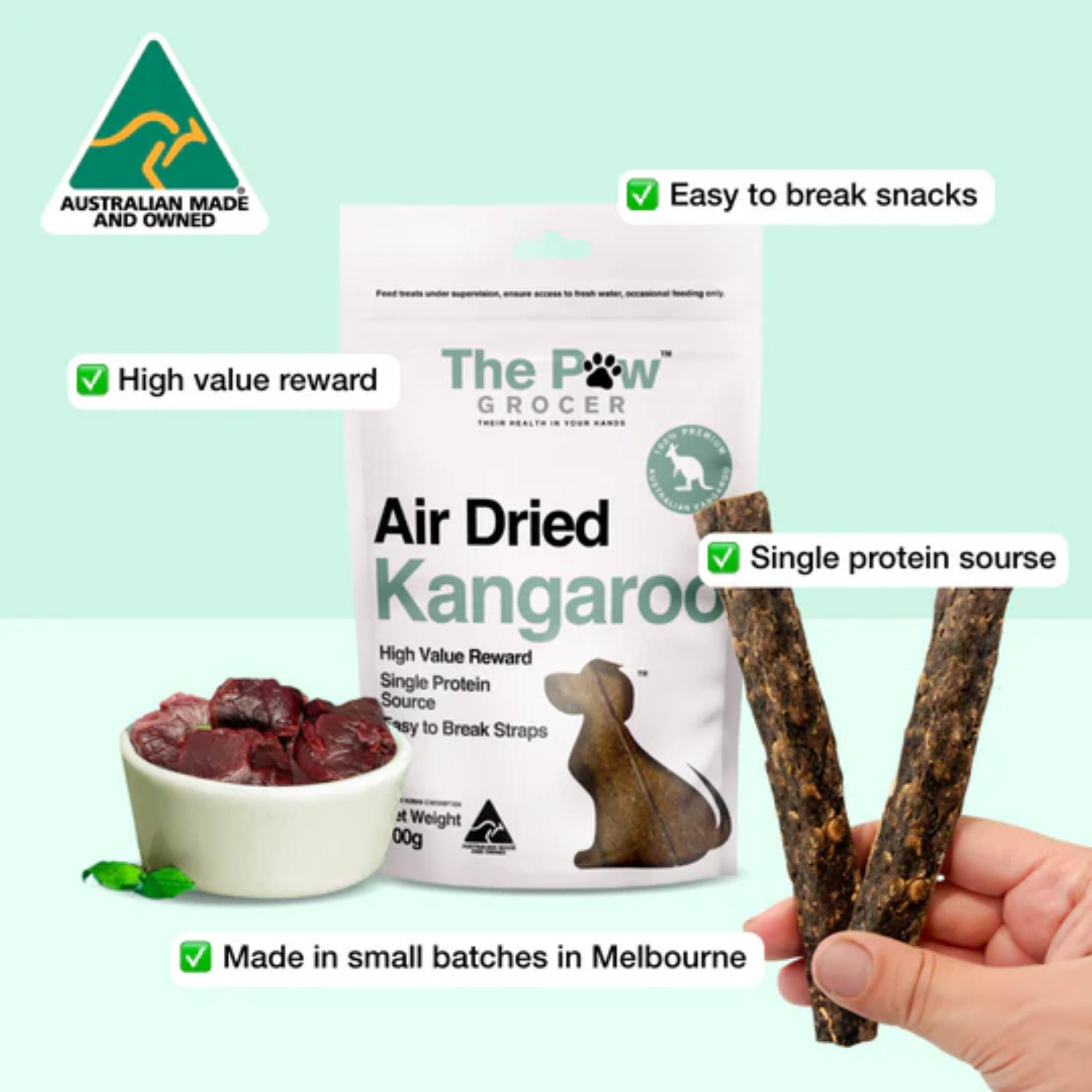 The Paw Grocer Air Dried Dog Training Treats Kangaroo Straps 100g