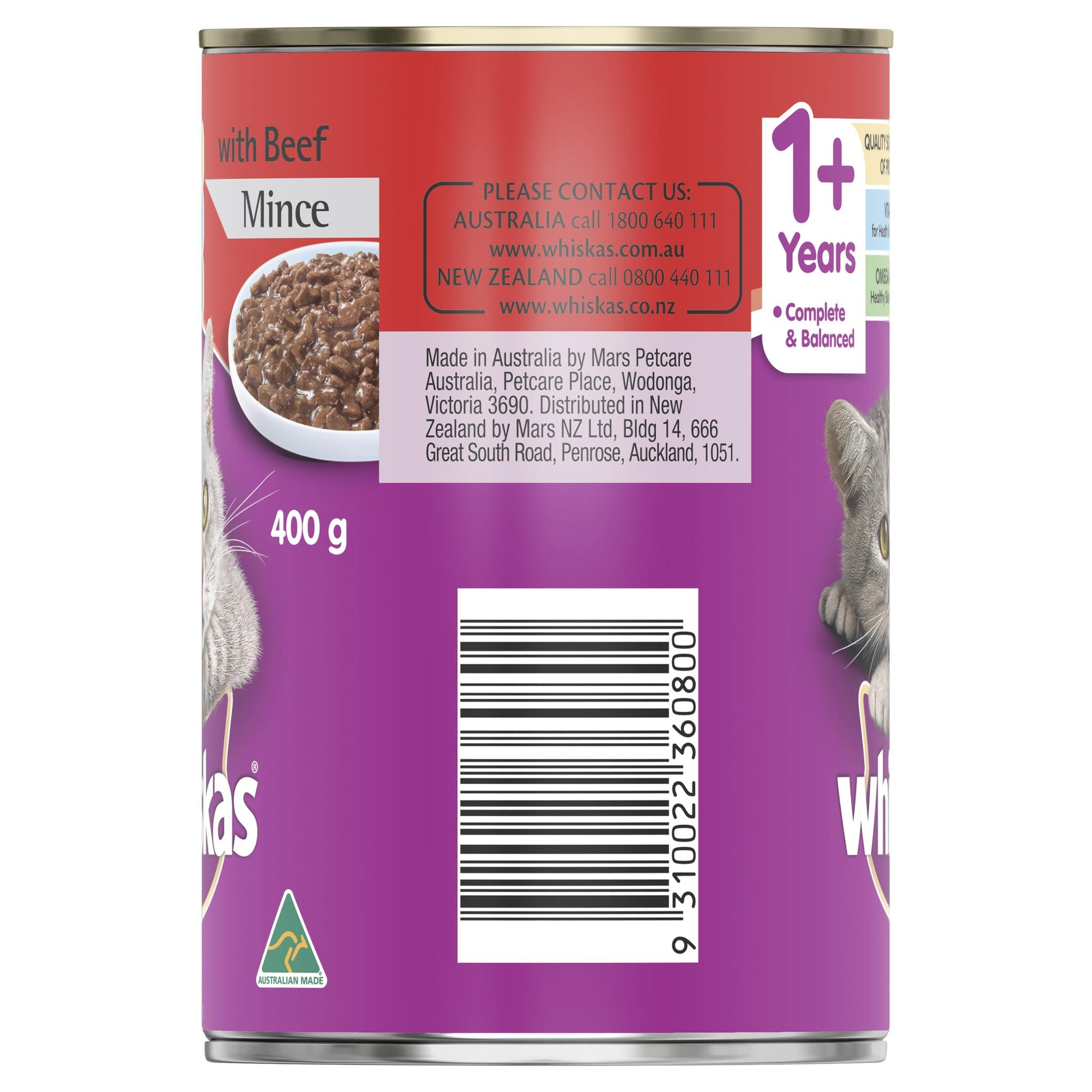 Whiskas Oh So Meaty Cat Adult 1+yrs Beef Mince 400g x 24