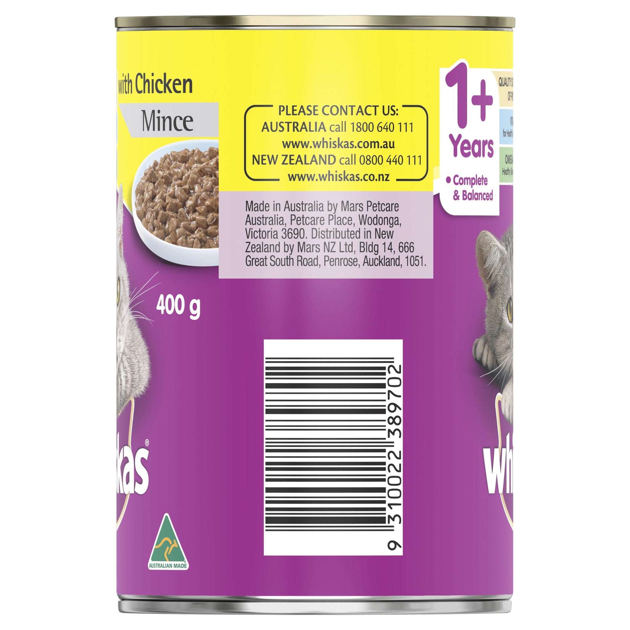 Whiskas Oh So Meaty Cat Adult 1+yrs Chicken Mince 400g x 24