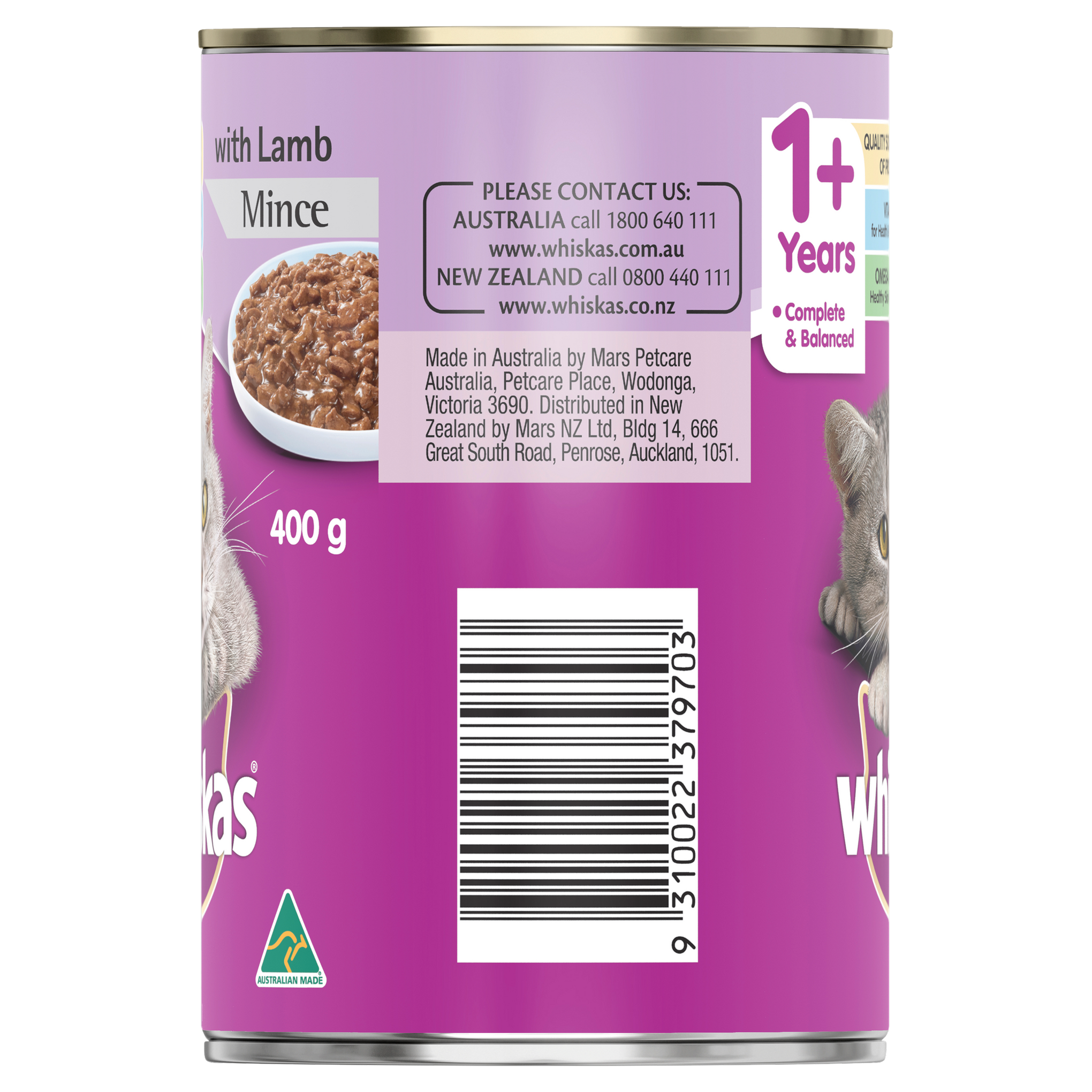 Whiskas Oh So Meaty Cat Adult 1+yrs Mince Lamb Turkey & Vegetables 400g x 24