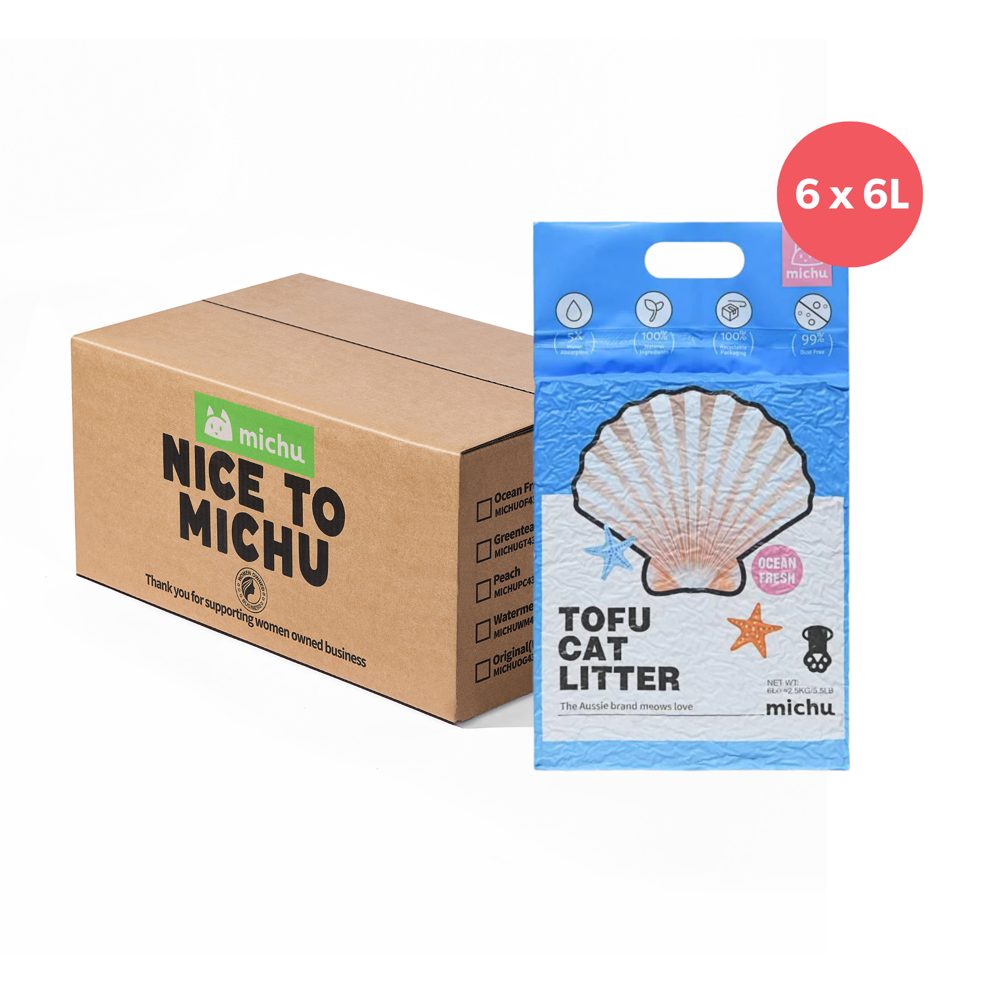 Michu Natural Clumping Tofu Cat Litter Ocean Fresh 6L