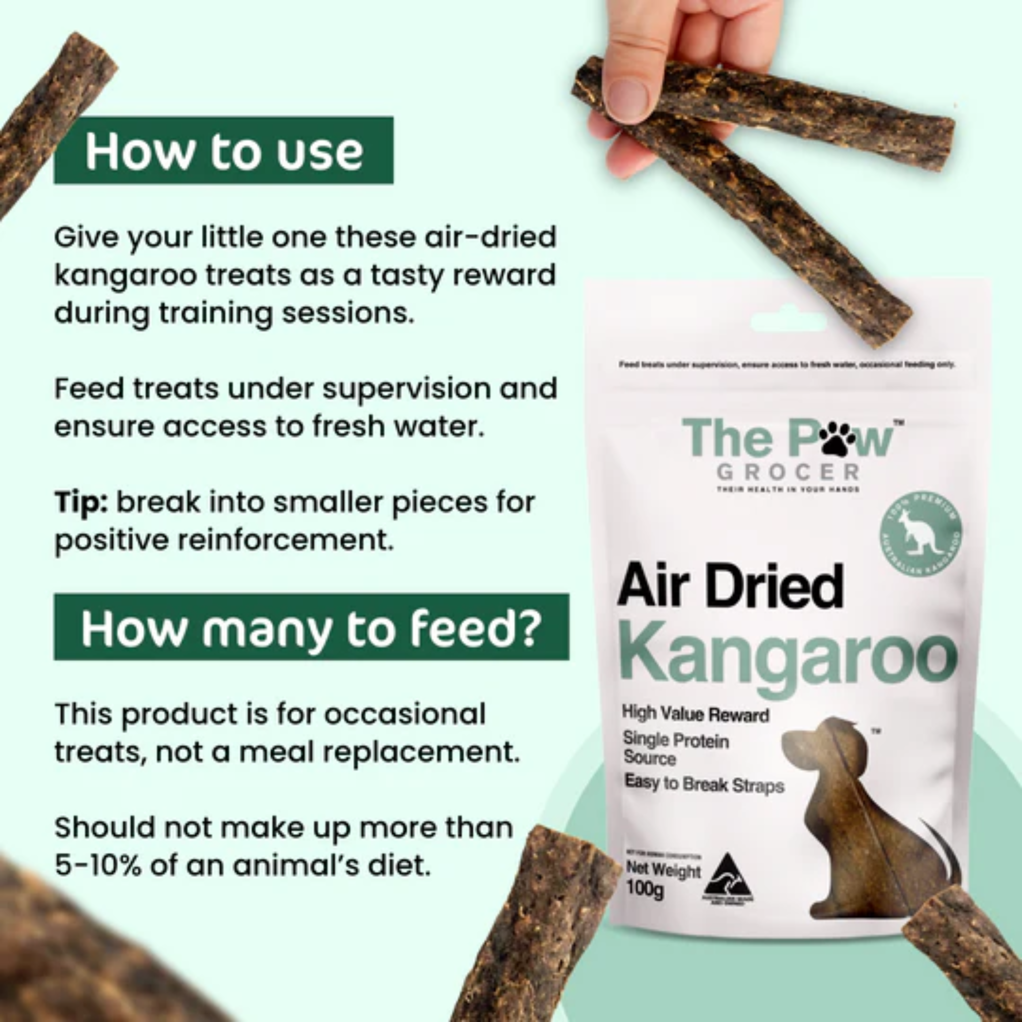 The Paw Grocer Air Dried Dog Training Treats Kangaroo Straps 100g