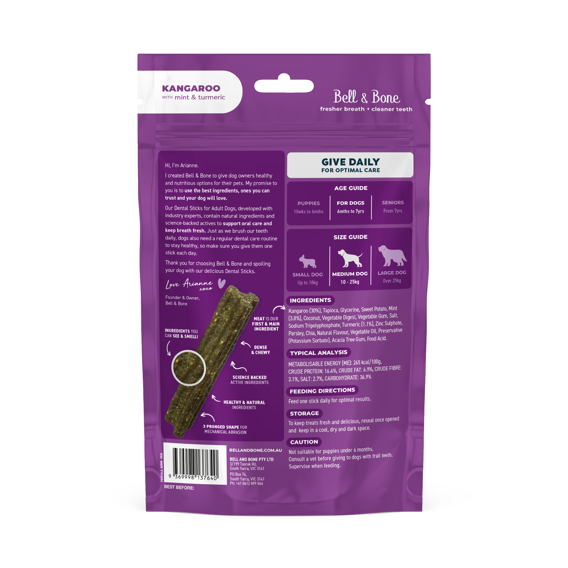 Bell & Bone Dog Dental Sticks Kangaroo Mint and Turmeric