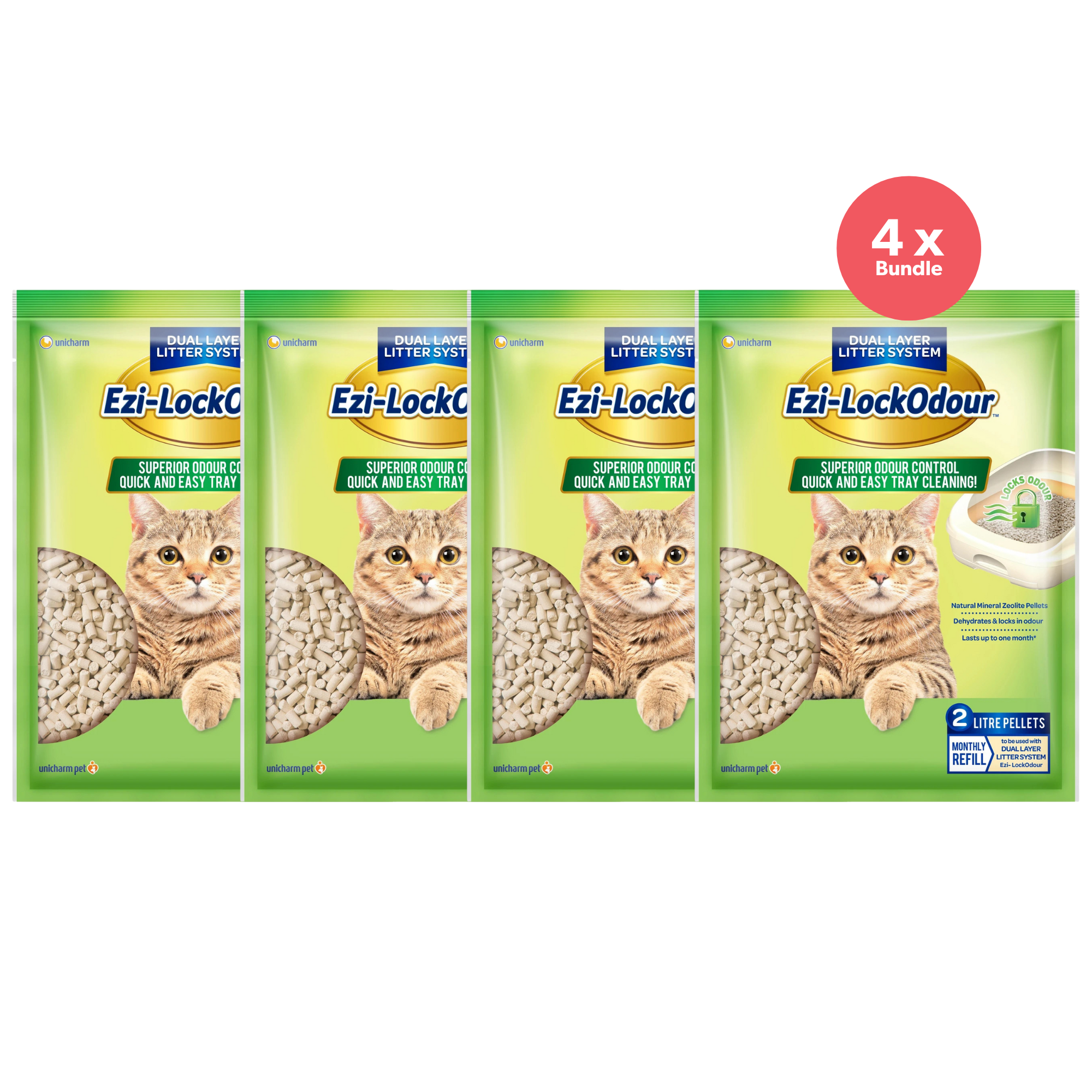 Ezi-LockOdour Dual Layer Cat Litter System Natural Zeolite Cat Litter Pellets 2L x 4