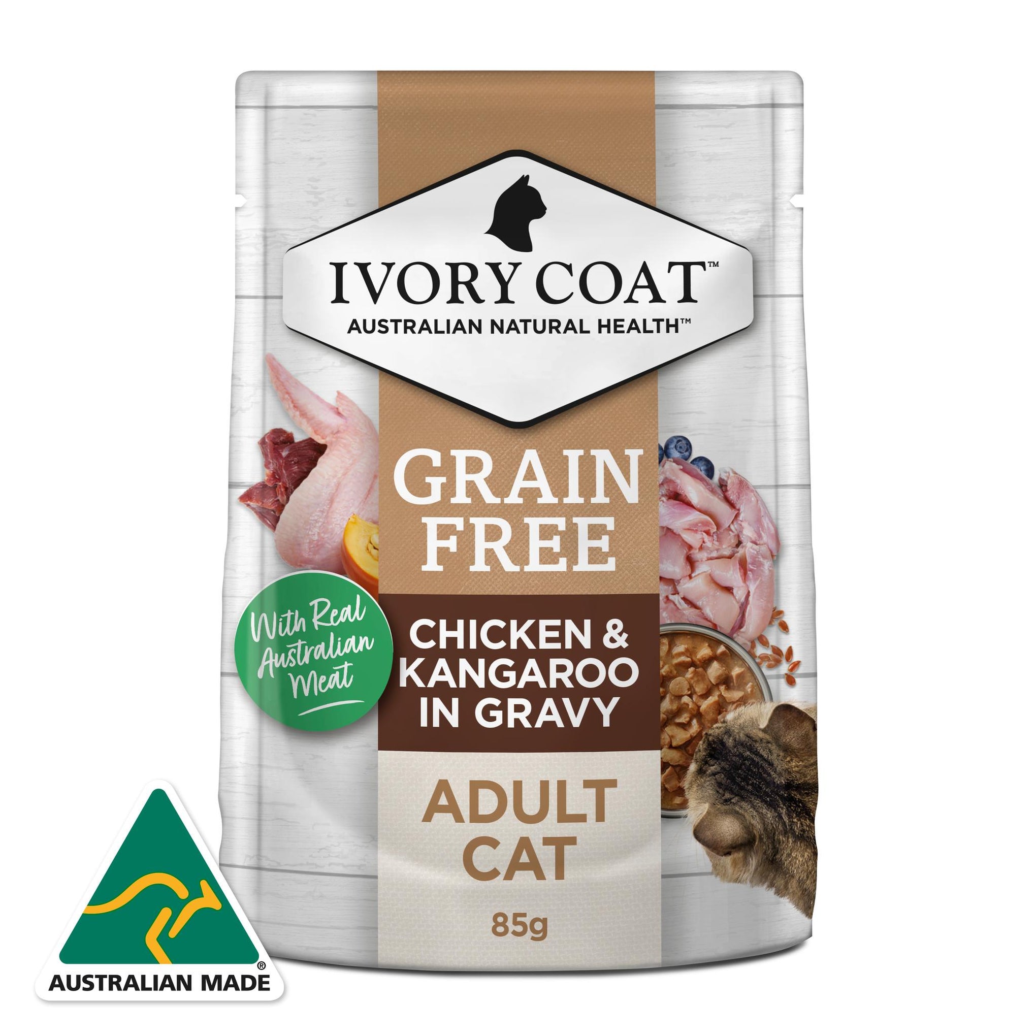 Ivory Coat Grain Free Adult Chicken Kangaroo Gravy Cat Wet Food 85g x