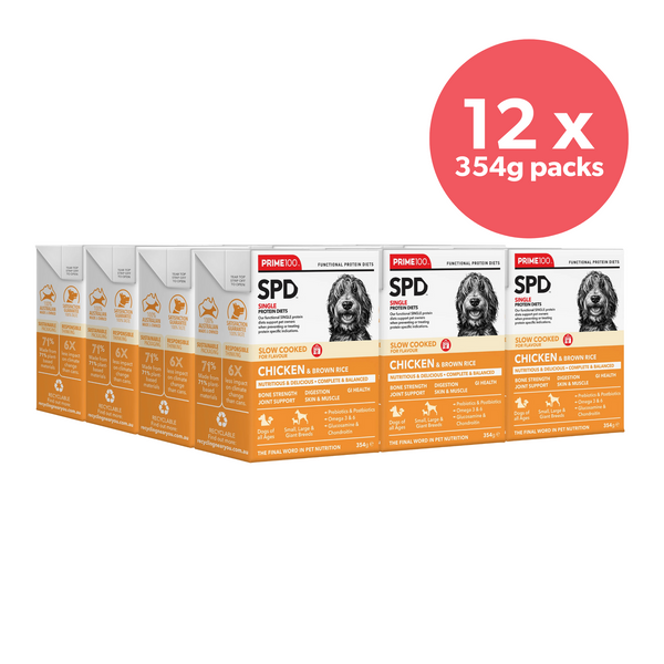 Prime100 Slow Cooked SPD Dog Wet Food Chicken & Brown Rice 354g x 12