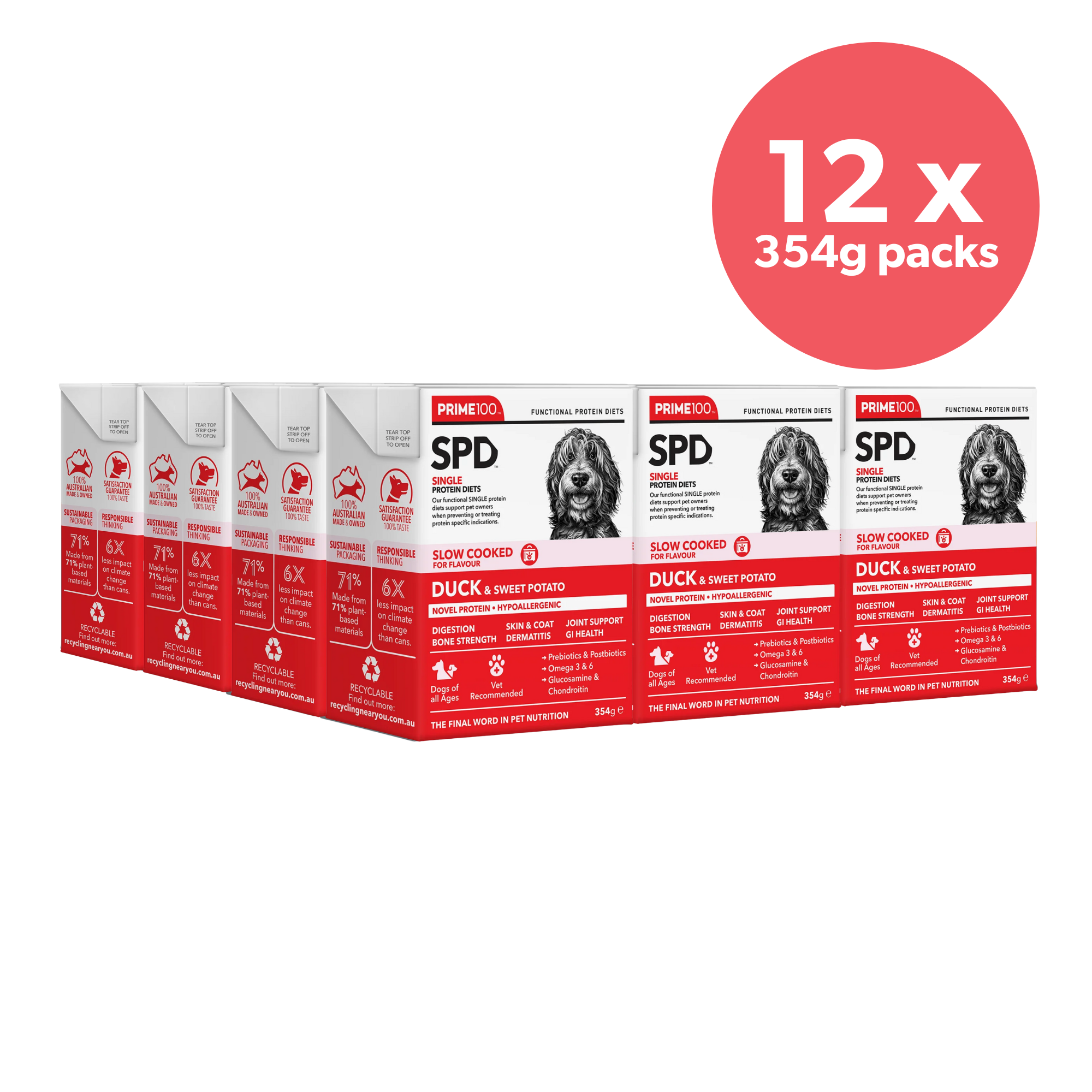 Prime100 SPD Dog Wet Food Slow Cooked Duck & Sweet Potato 354g x 12