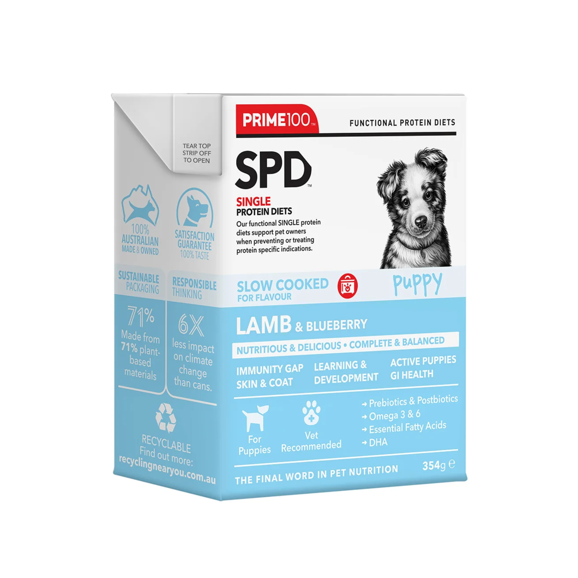 Prime100 SPD Dog Wet Food Slow Cooked Puppy Lamb and Blueberry 354g