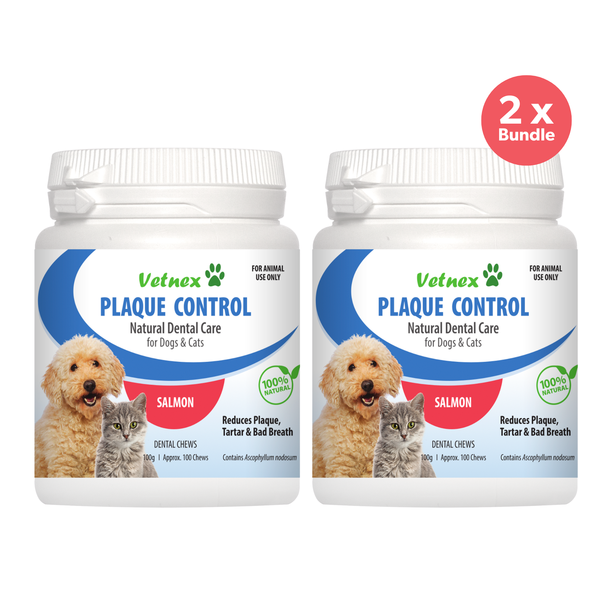 Vetnex Plaque Control Dental Chews Salmon for Dogs & Cats 100 Chews 100g x 2