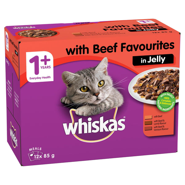 Whiskas Favourites Cat Adult 1+yrs Beef Chunks In Jelly 85g x 12