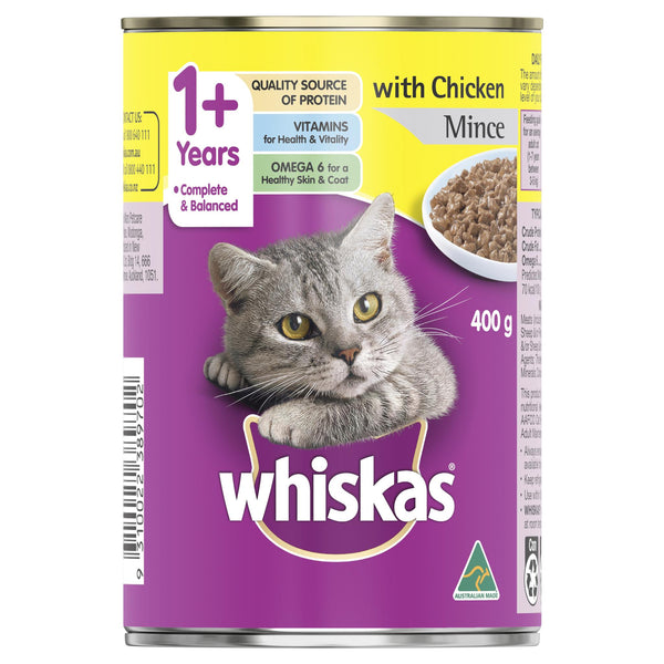 Whiskas Oh So Meaty Cat Adult 1+yrs Chicken Mince 400g x 24