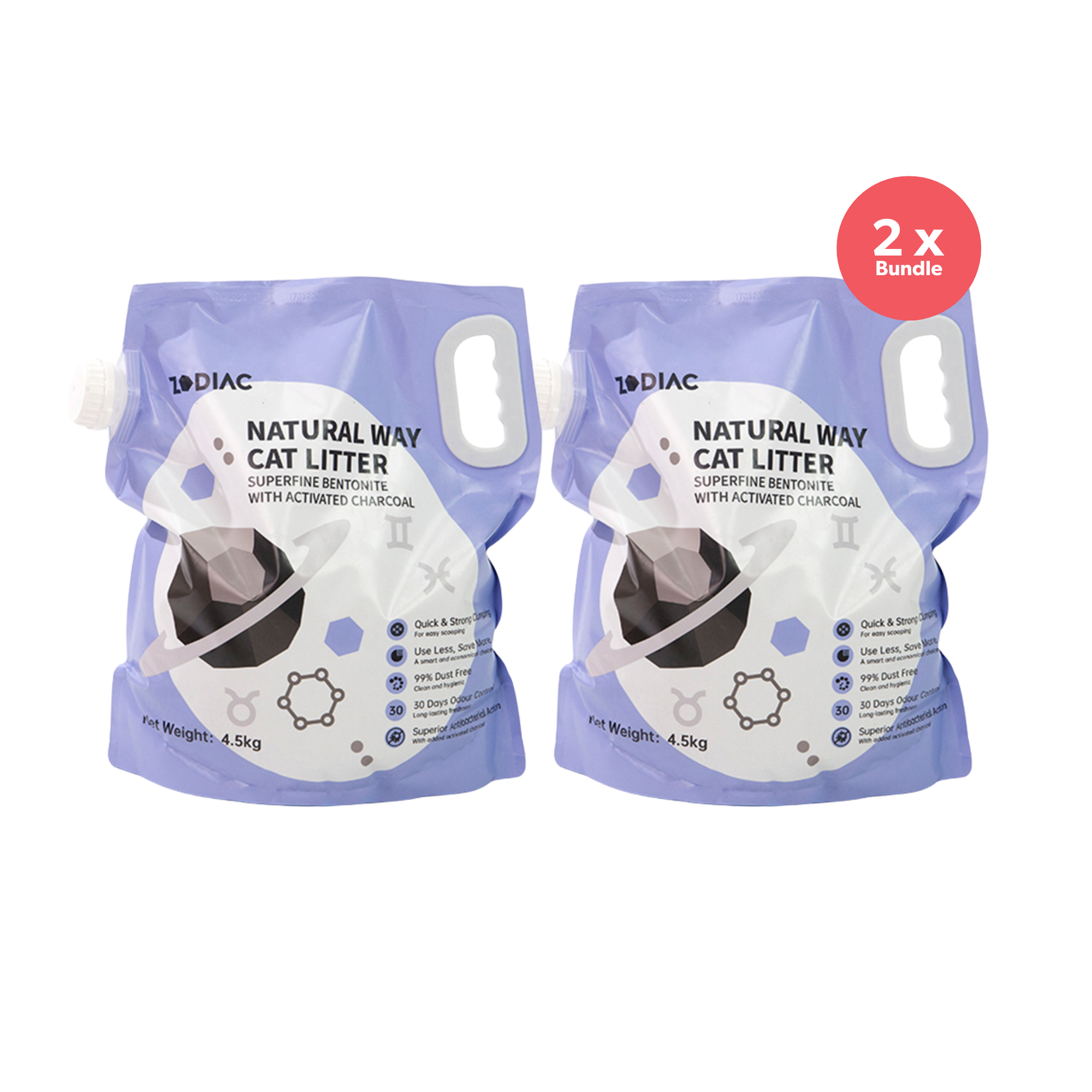 ZODIAC Natural Way Superfine Bentonite With Activated Charcoal Cat Litter 4.5Kg x 2
