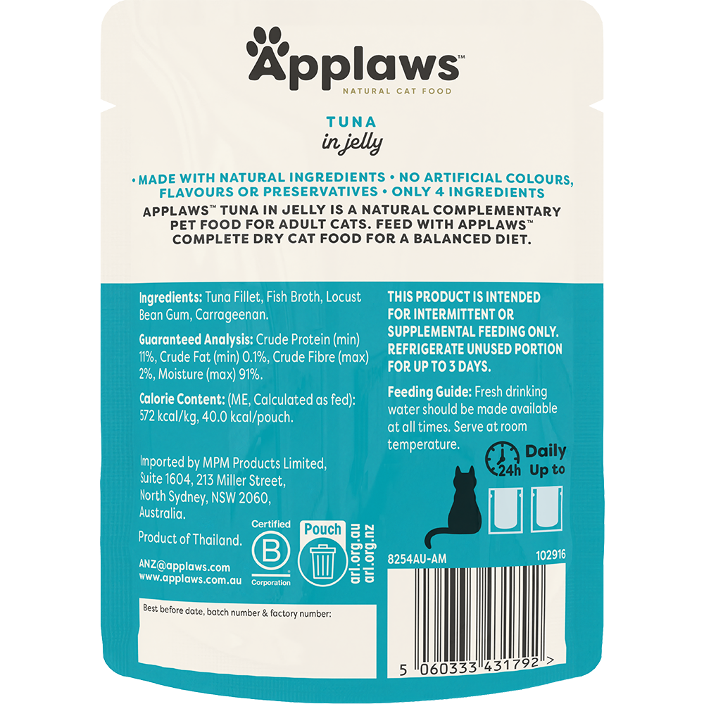 Applaws Natural Wet Cat Pouch Tuna Wholemeat 70g x 32