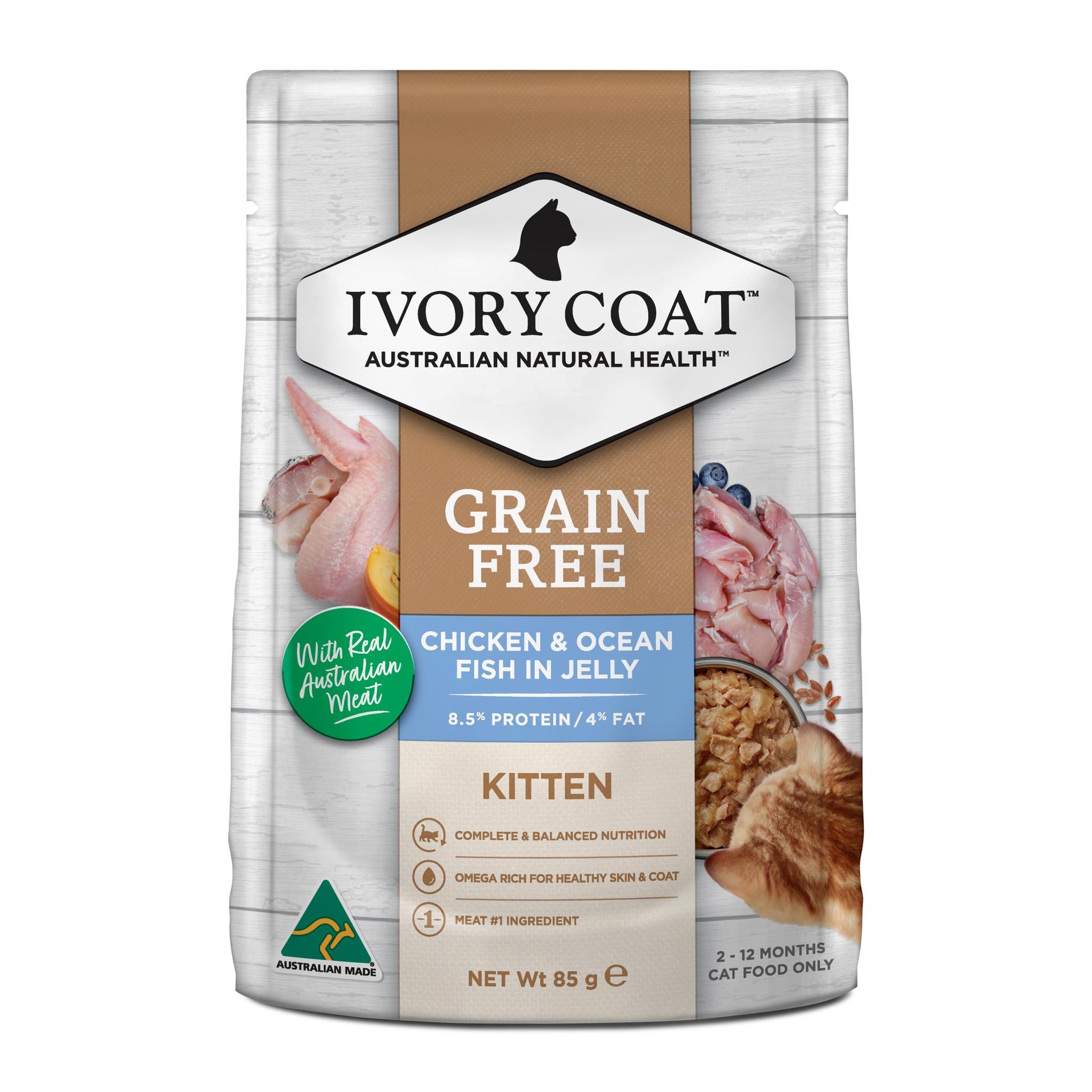 Ivory Coat Grain Free Kitten Chicken & Fish in Jelly Cat Wet Food 85g