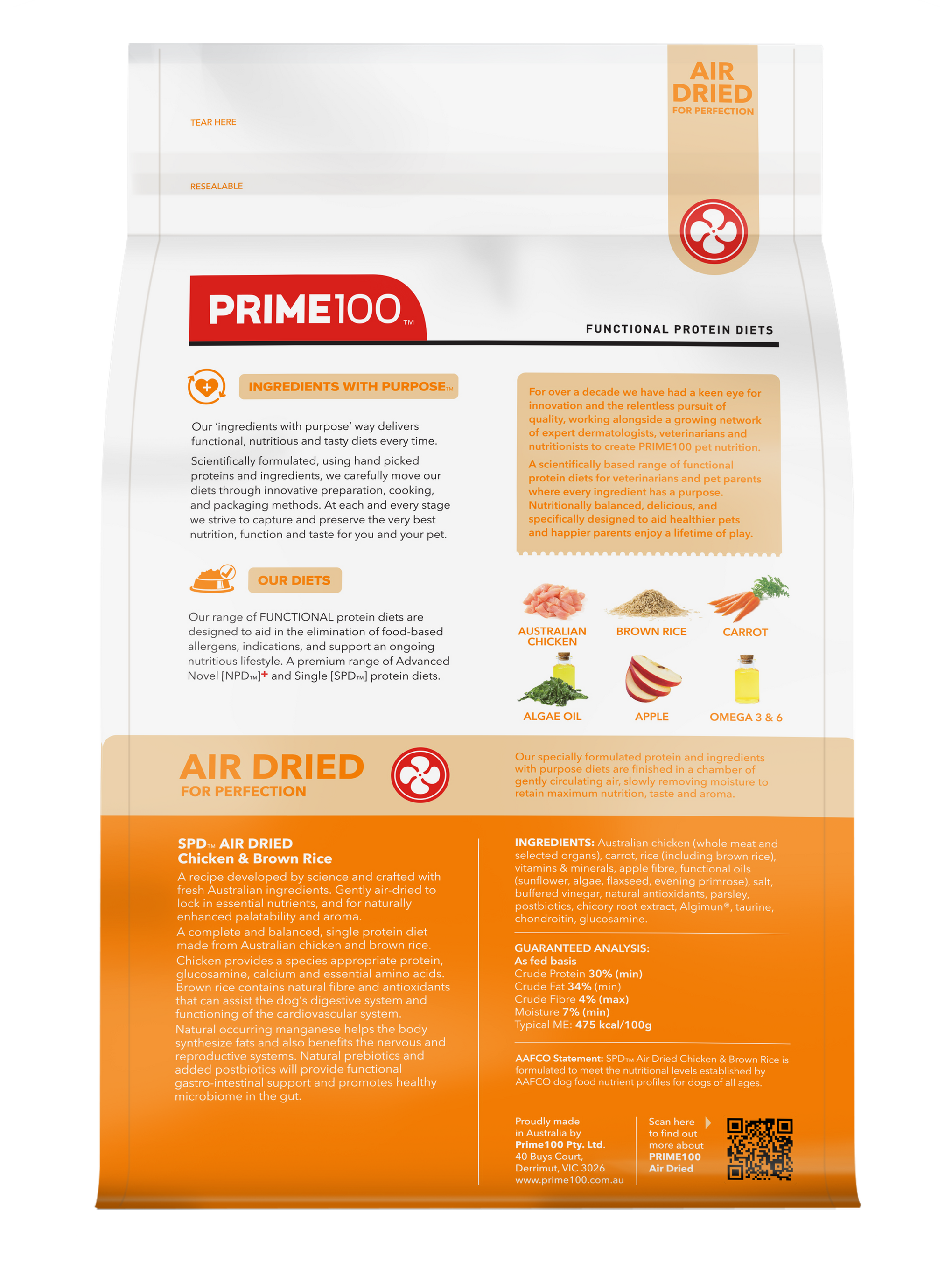 Prime100 Air Dried Dog Food Chicken & Brown Rice