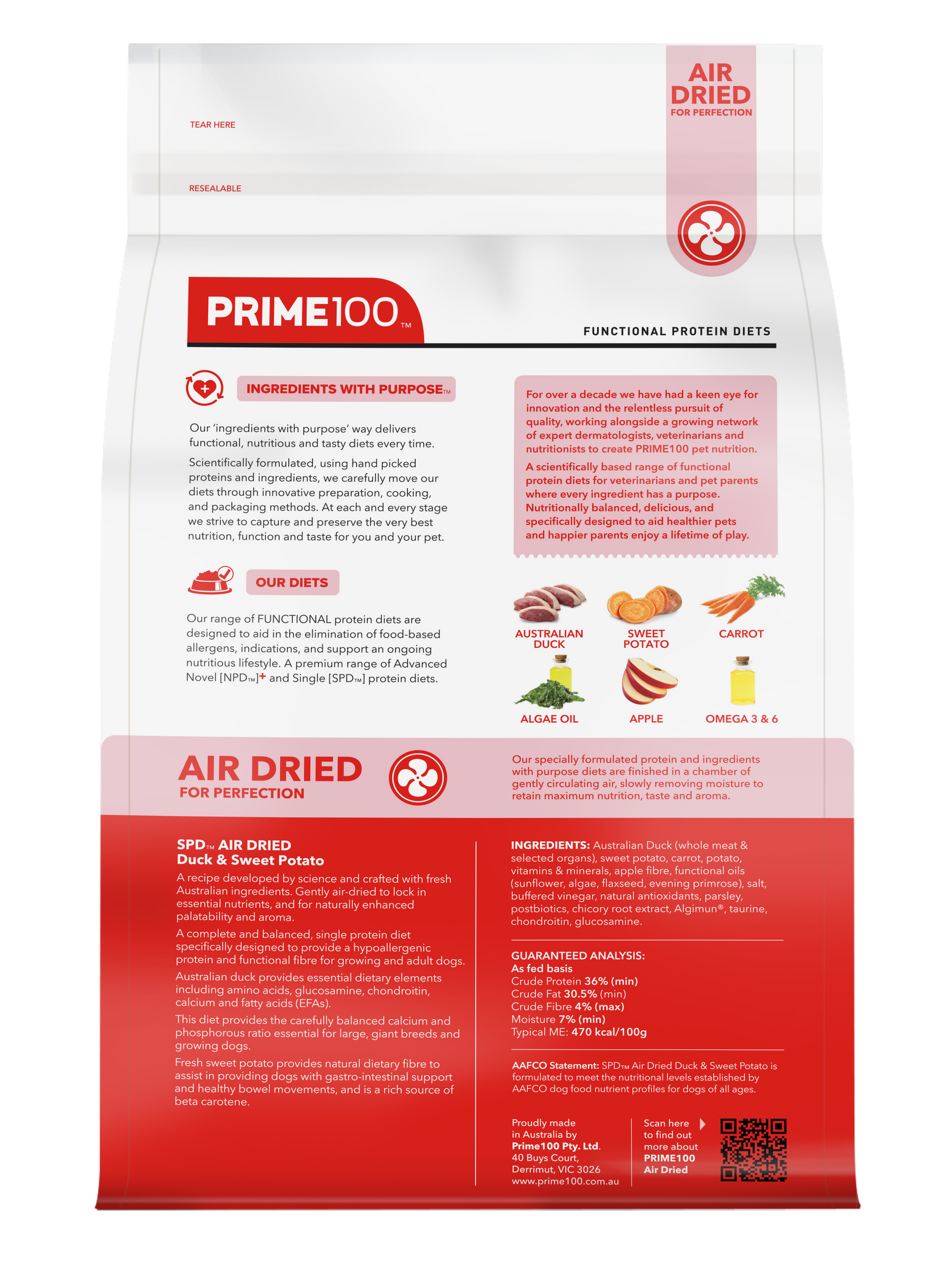 Prime100 Air Dried Dog Food Duck & Sweet Potato