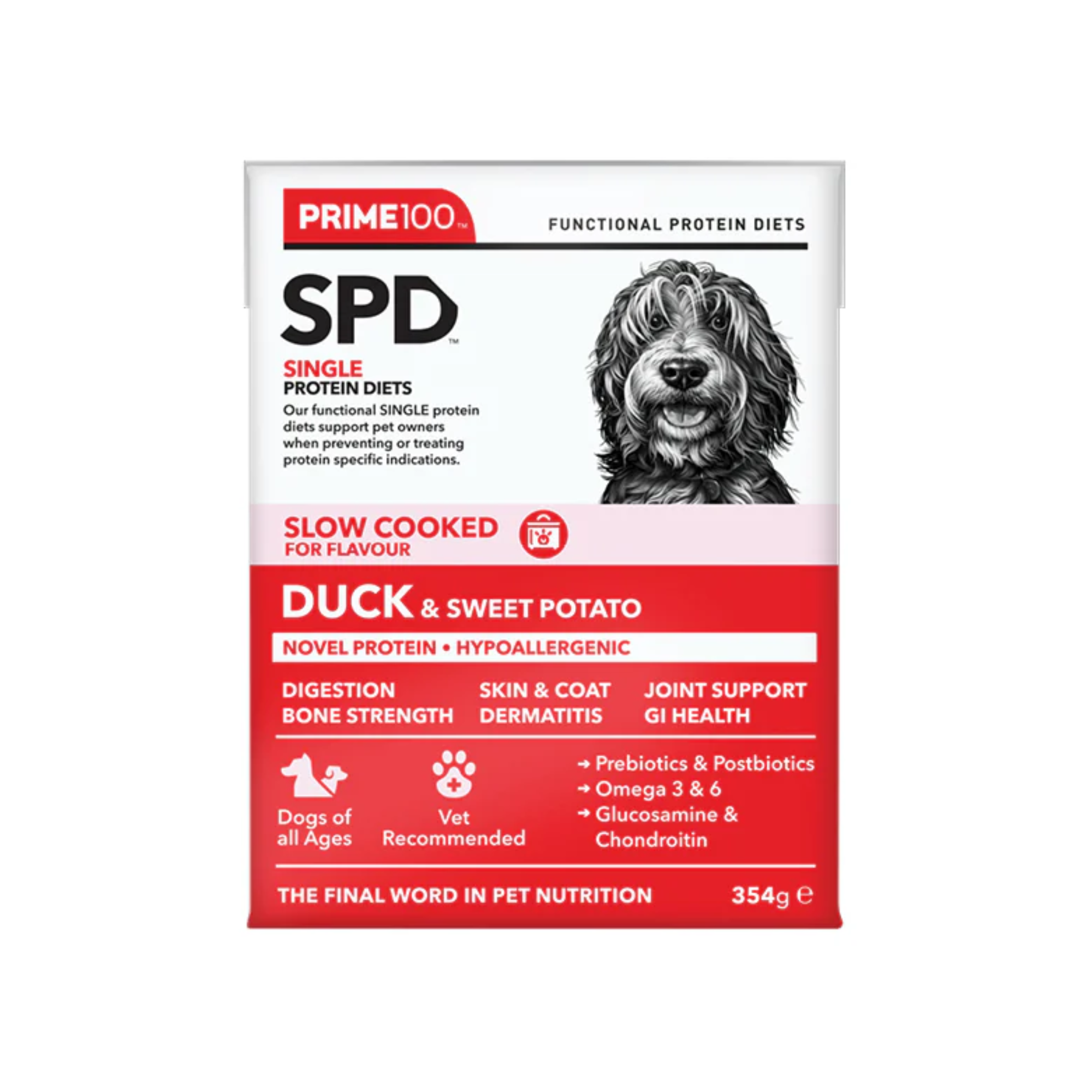 Prime100 SPD Dog Wet Food Slow Cooked Duck & Sweet Potato 354g x 12