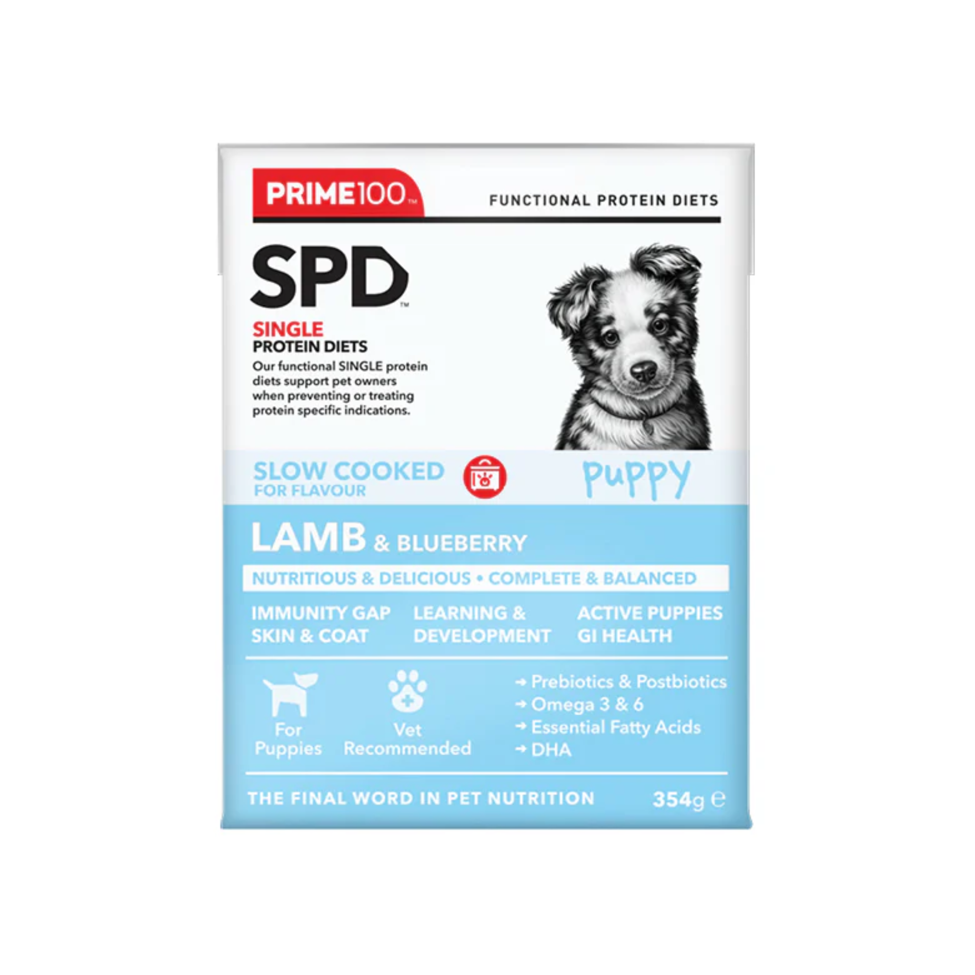 Prime100 SPD Dog Wet Food Slow Cooked Puppy Lamb and Blueberry 354g