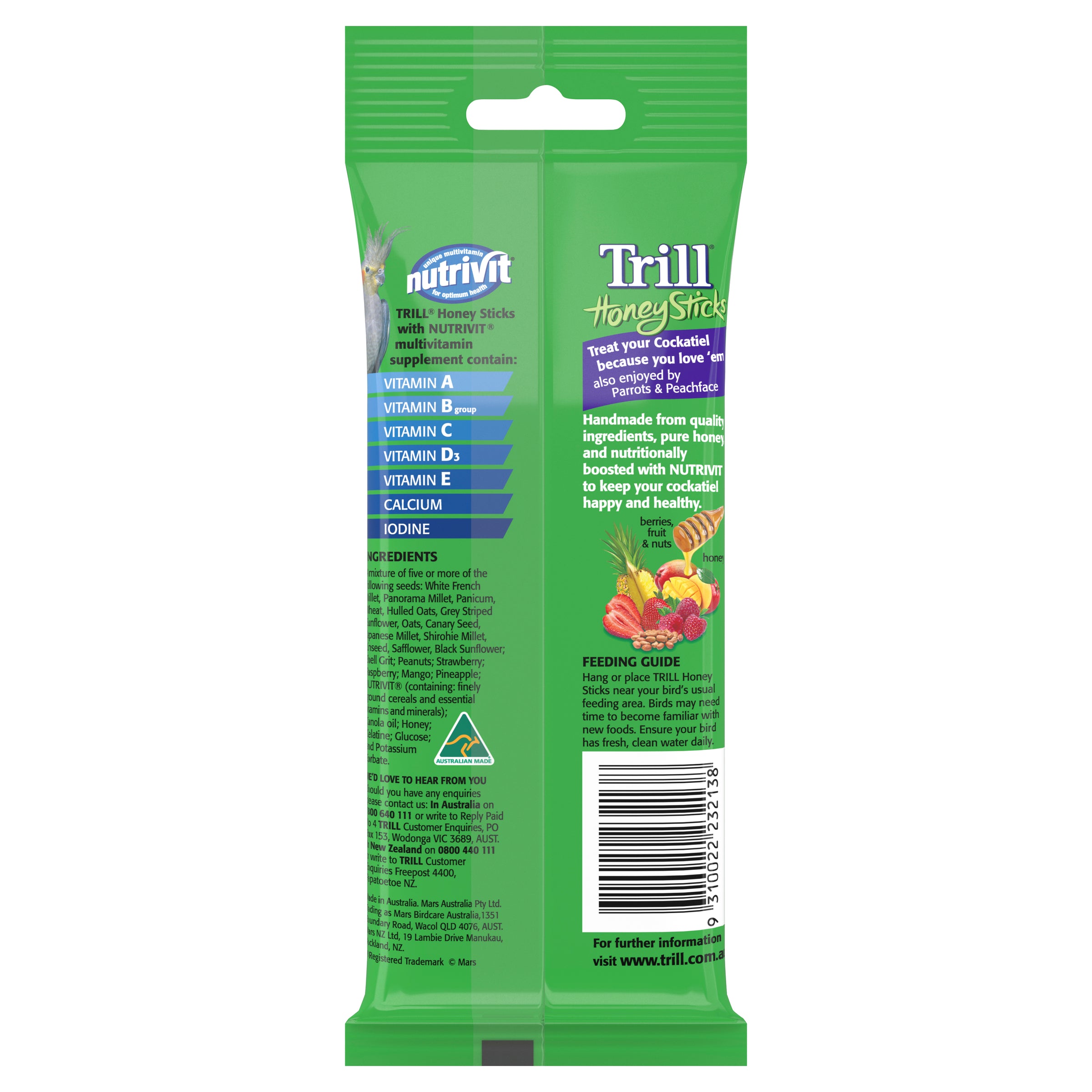 Trill Honey Sticks for Cockatiels 105g