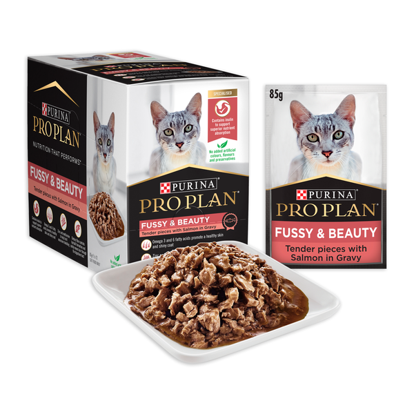Pro Plan Fussy and Beauty Salmon Adult Wet Cat Food Pouches 85g x 12