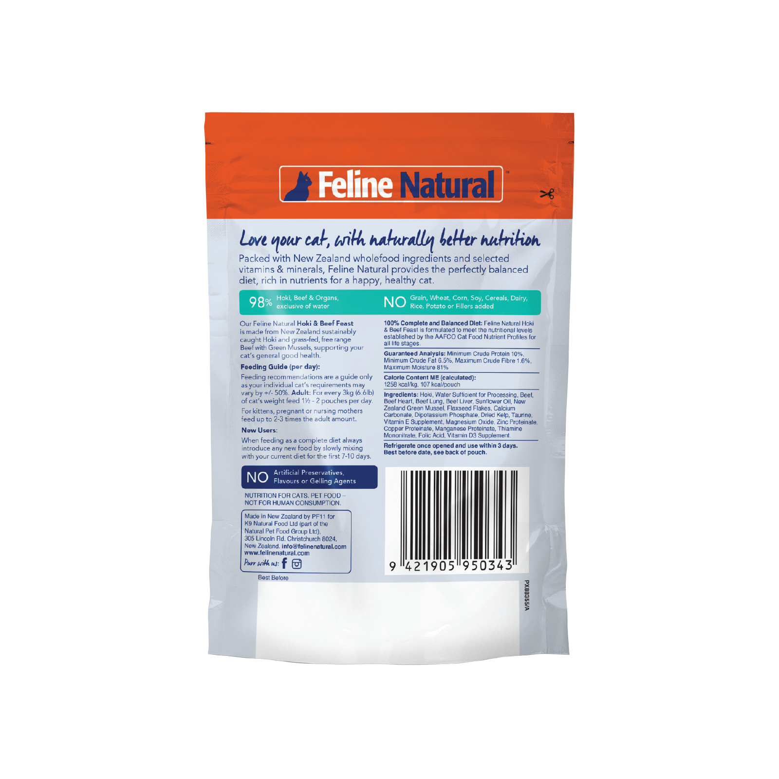 Feline Natural Grain Free Pouches Hoki & Beef Feast 85g x 24
