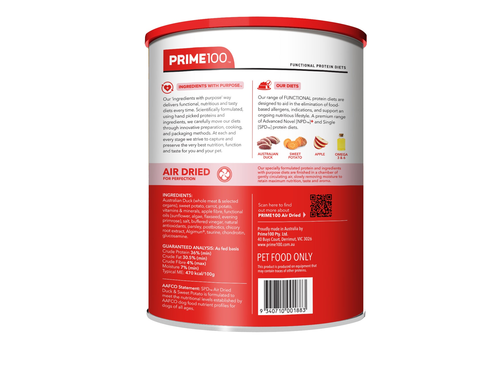 Prime100 Air Dried Dog Food Duck & Sweet Potato