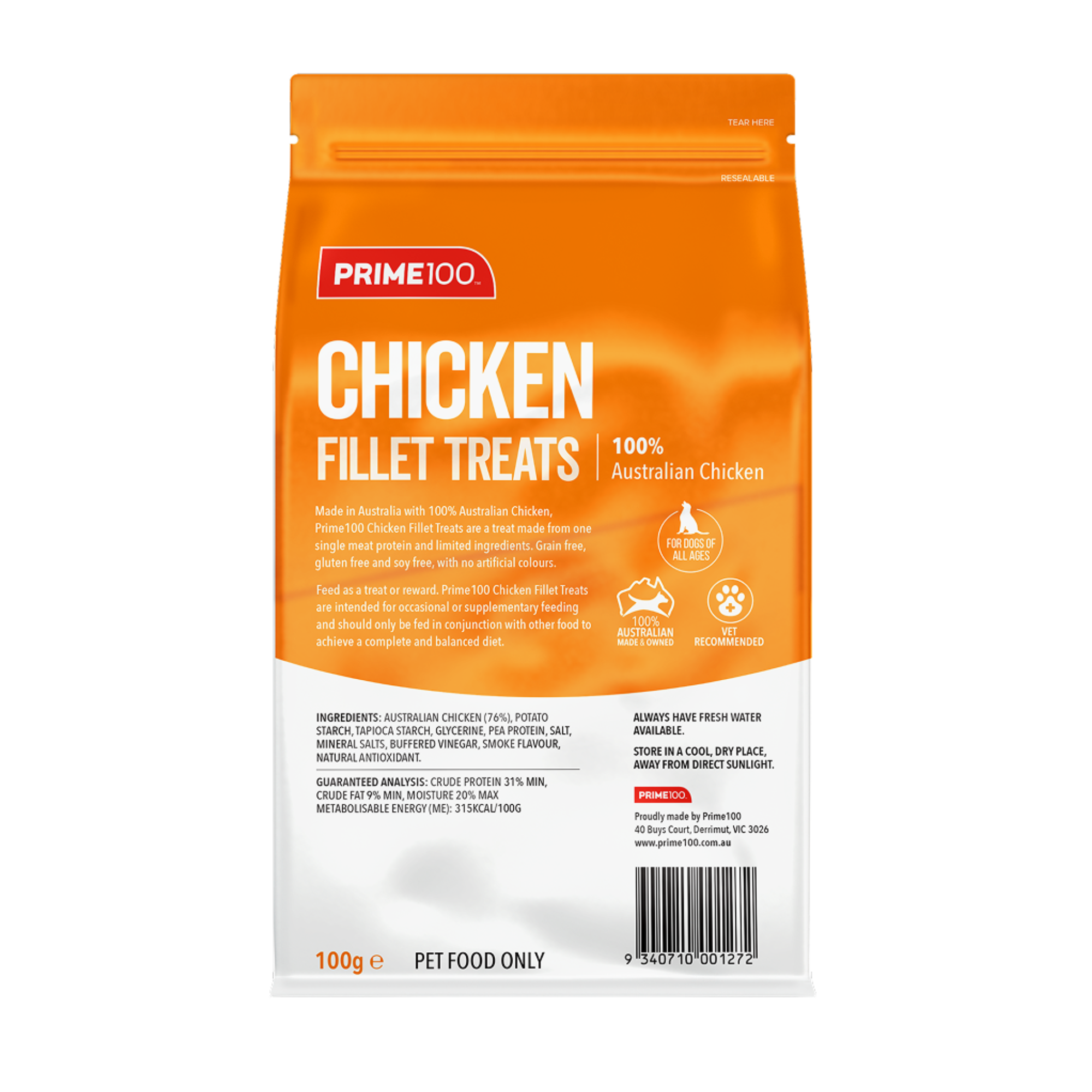 Prime100 Dog Treat Chicken Fillets 100g
