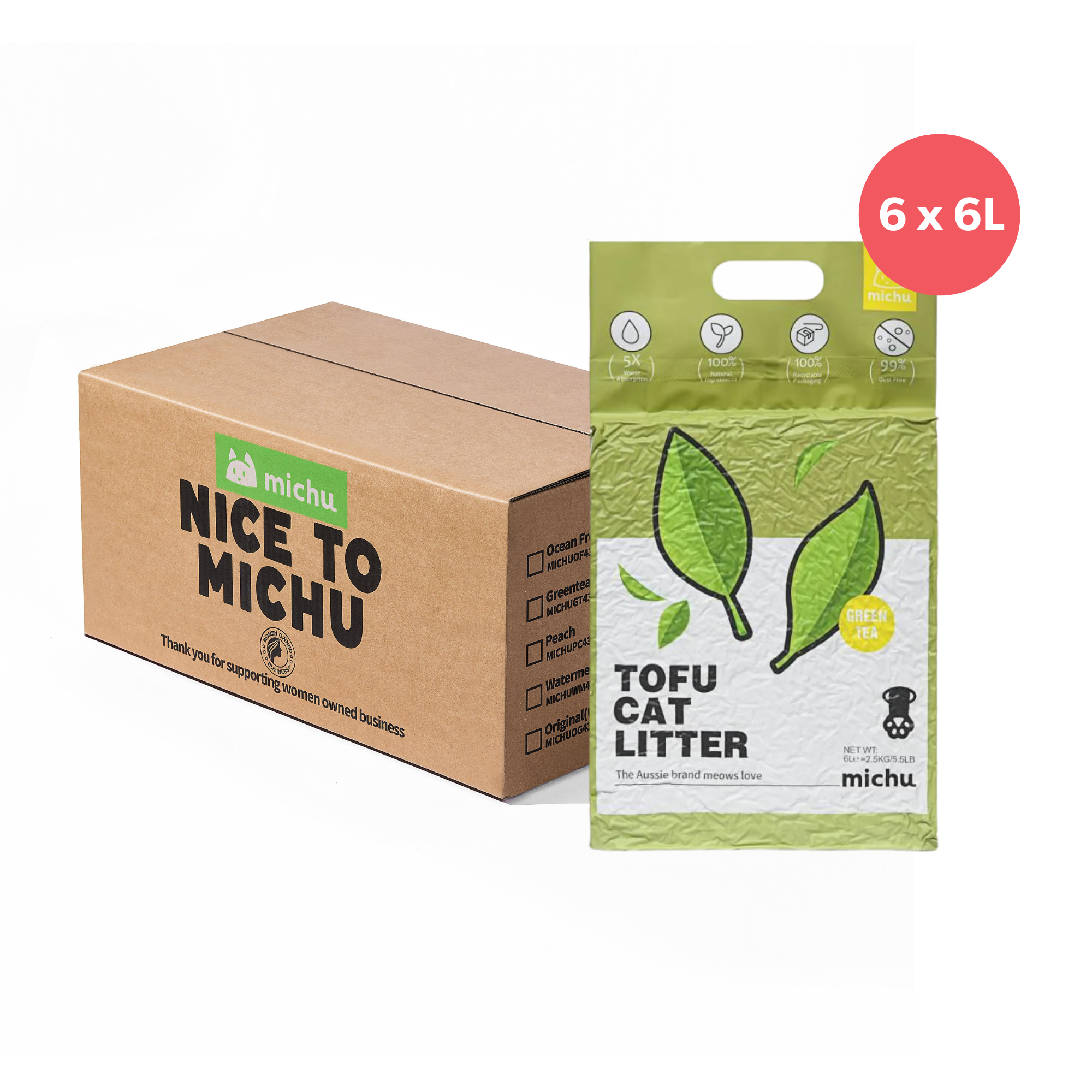 Michu Natural Clumping Tofu Cat Litter Green Tea 6L