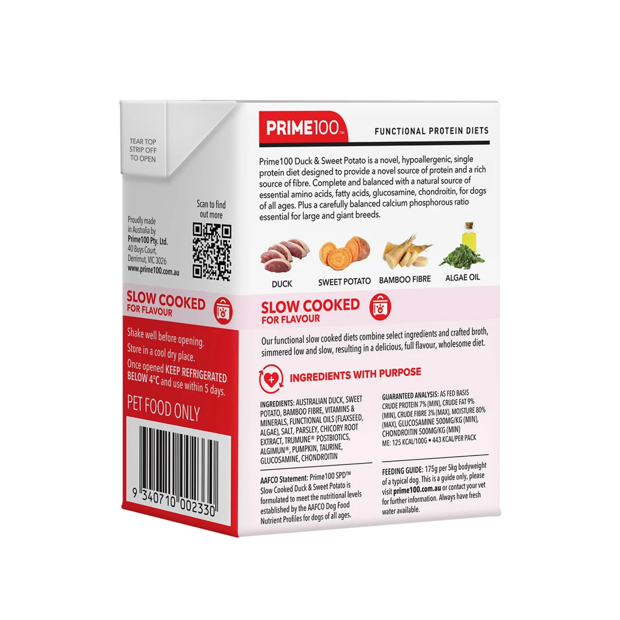 Prime100 SPD Dog Wet Food Slow Cooked Duck & Sweet Potato 354g x 12