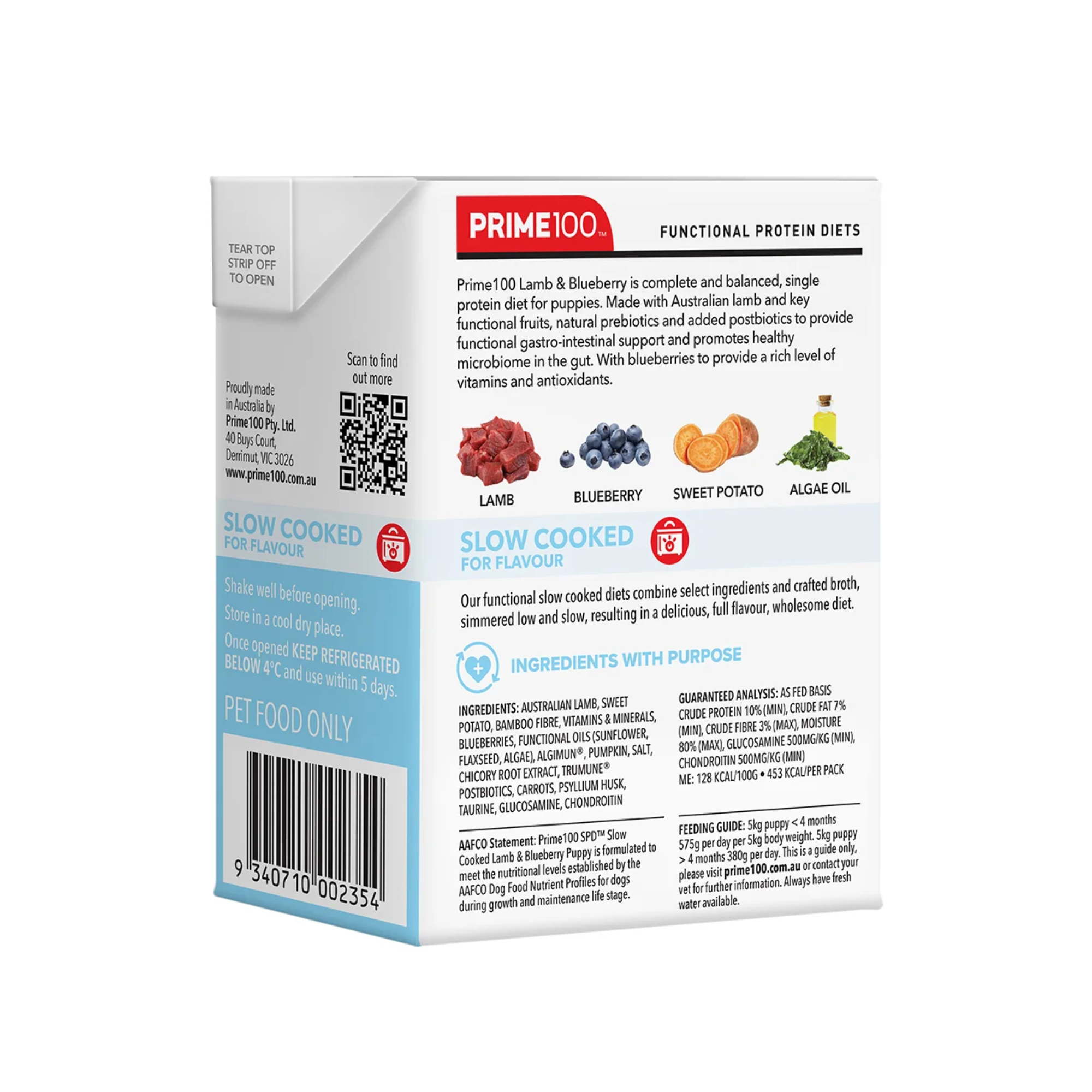 Prime100 SPD Dog Wet Food Slow Cooked Puppy Lamb and Blueberry 354g