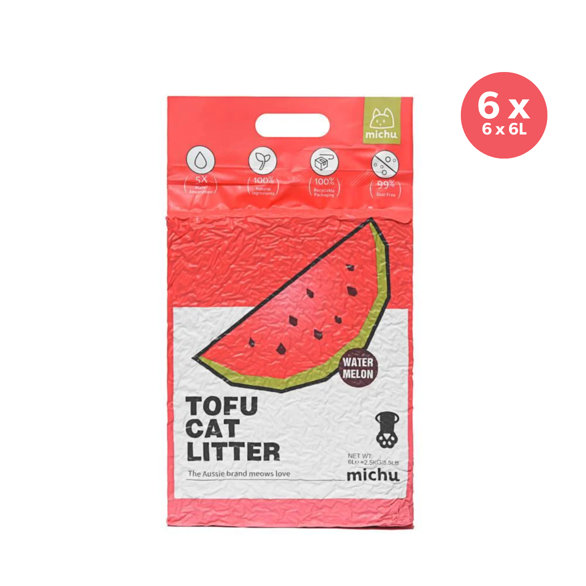 Michu Natural Clumping Tofu Cat Litter Watermelon 6L