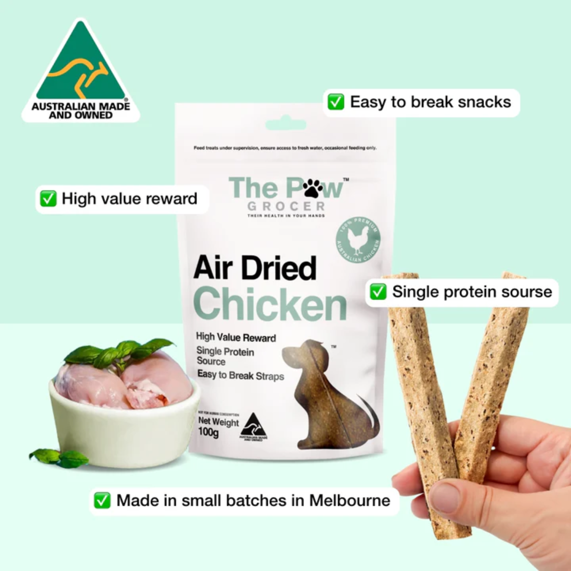 The Paw Grocer Air Dried Dog Training Treats Chicken Straps 100g
