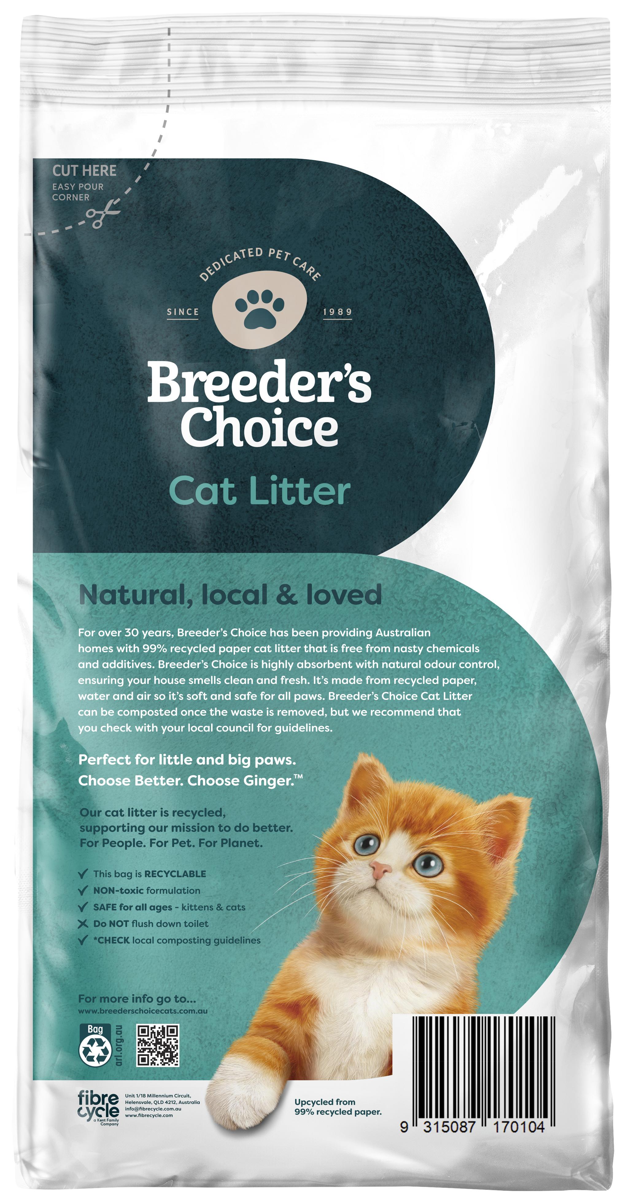 Breeders Choice Recycled Paper Cat Litter 30L