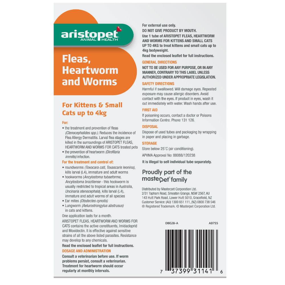 Aristopet Spot On Fleas, Heartworm and Worms For Cats and Small Cats Up To 4kg