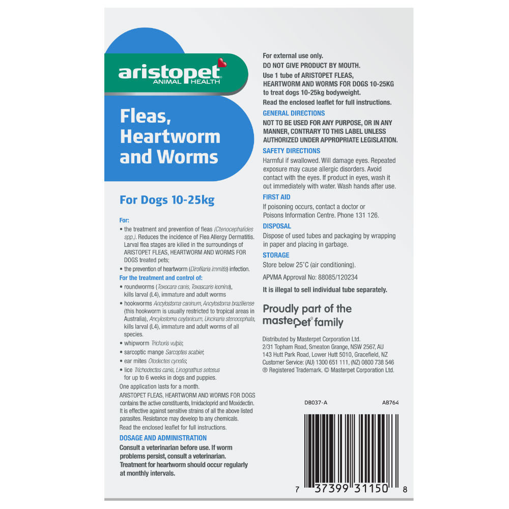 Aristopet Spot On Fleas, Heartworm and Worms For Dogs 10-25kg